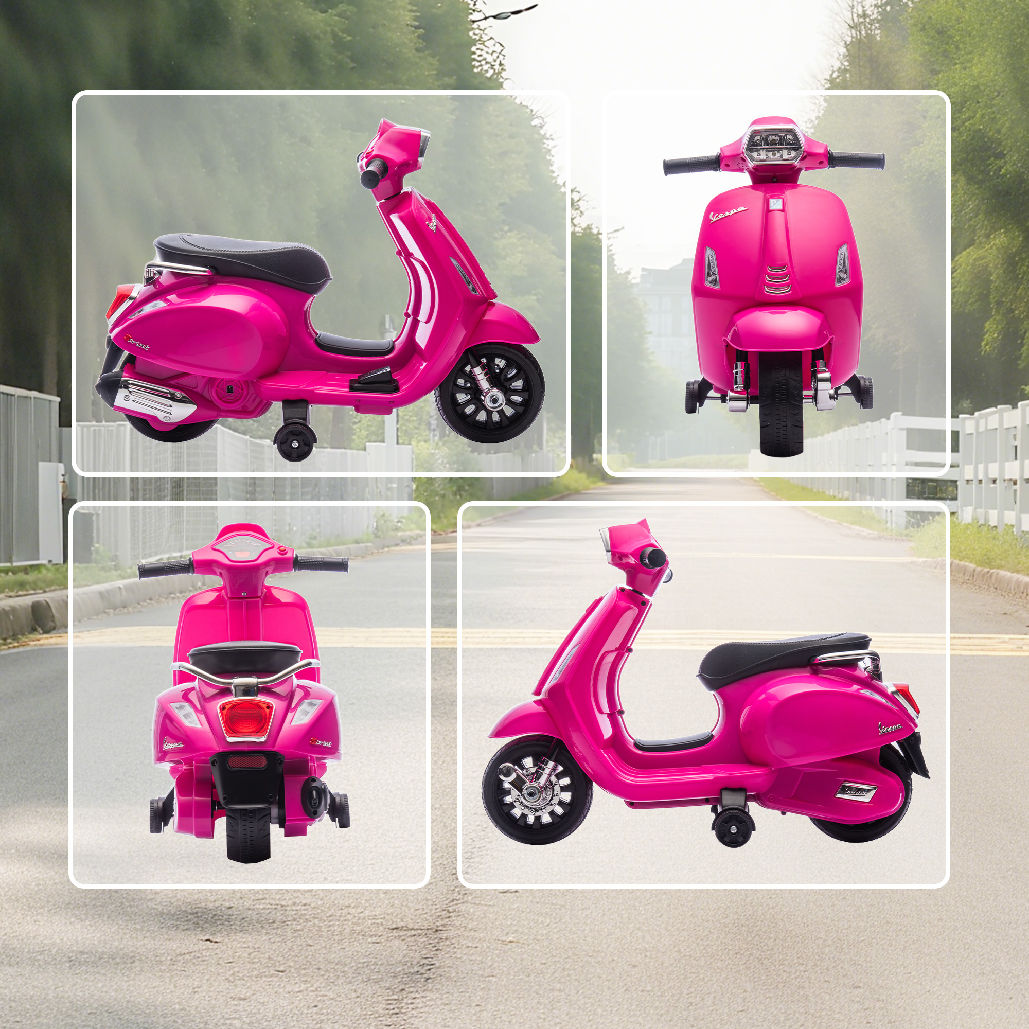 Elektro Motorrad Kinder Vespa 6V Elektromotorrad mit Stützrädern, Scheinwerfer, Hupe für 2-4 Jahre 71 x 37 x 52 cm Rosa