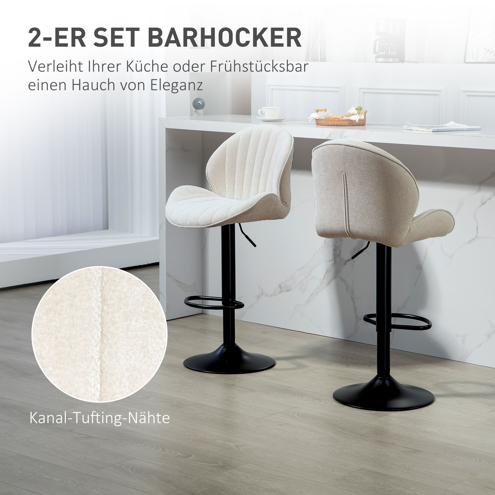 2er-Set Barhocker, Stoffbezug, verstellbare Sitzhöhe, drehbar, Stahlrahmen, Beige