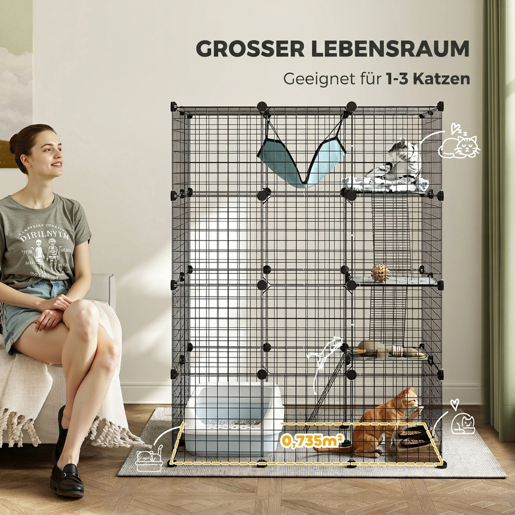 Indoor Katzenkäfig 140 cm, 4-stöckige Stahl-Katzengehege mit 5 Türen, Leitern, Hängematte und Plattform, DIY Schwarz