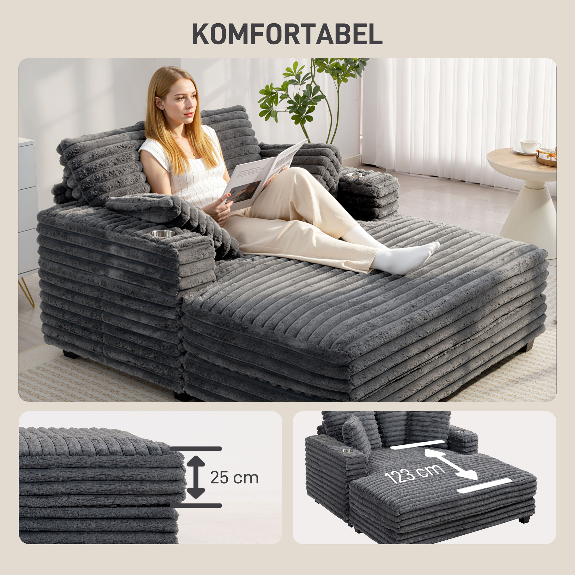 Chaiselongue 2 Sitzer Groß Schlafsofa 134 x 151 cm mit Becherhalter für Wohnzimmer, Grau