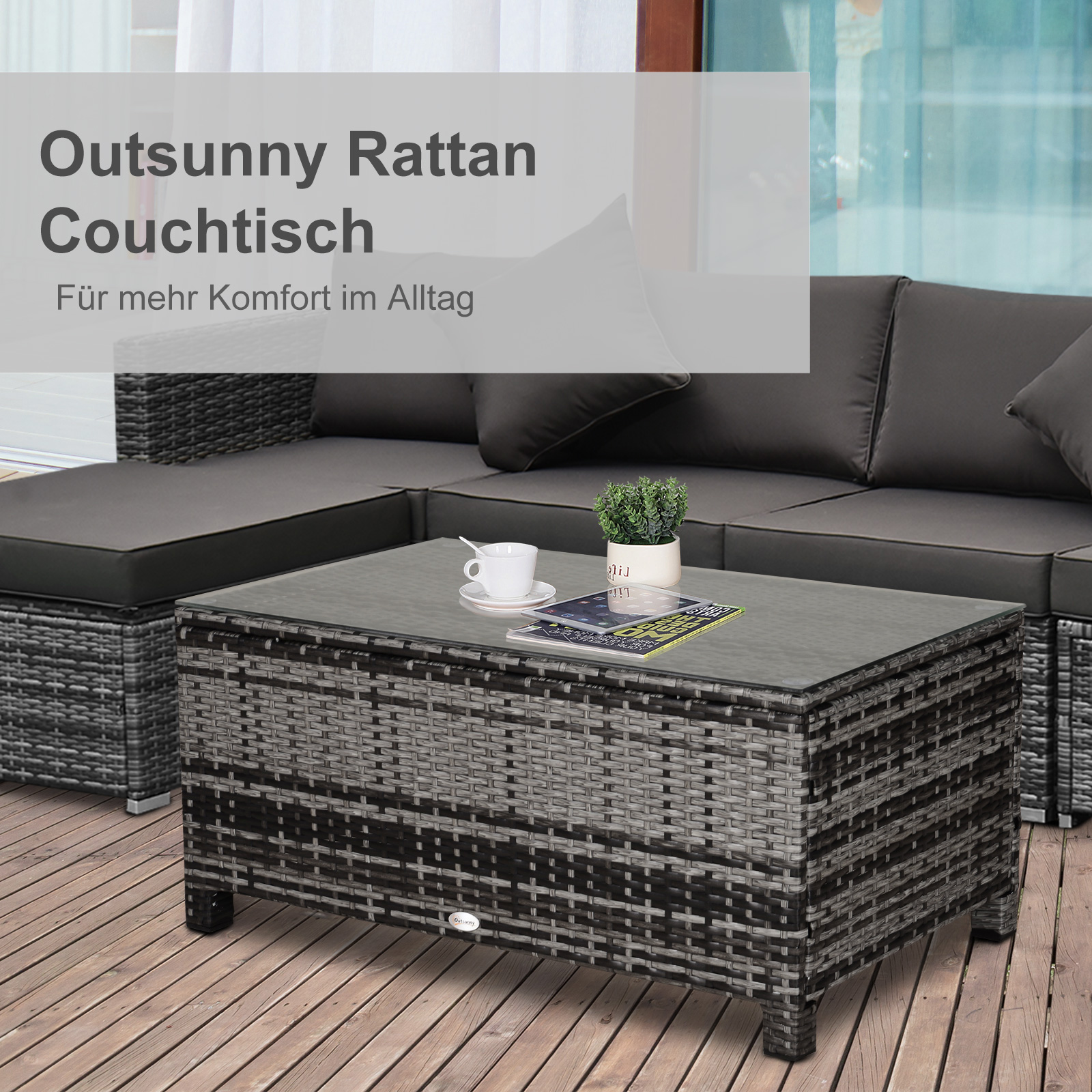 Garten Beistelltisch Couchtisch Gartentisch Balkontisch Polyrattan Grau 85 x 50 x 39 cm