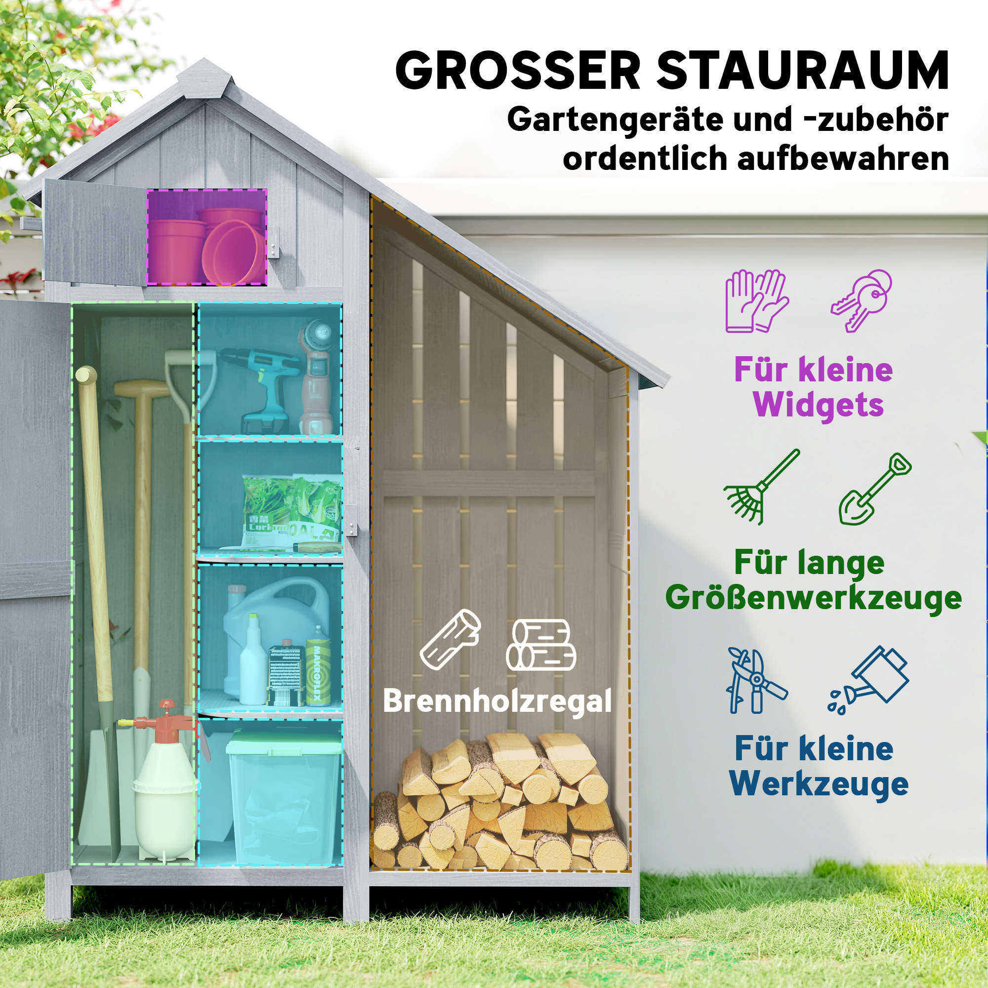 Gartenschrank Holz Outdoor wetterfest Geräteschuppen mit Asphaltdach Einlegeboden 129 x 51,5 x 180 cm Grau