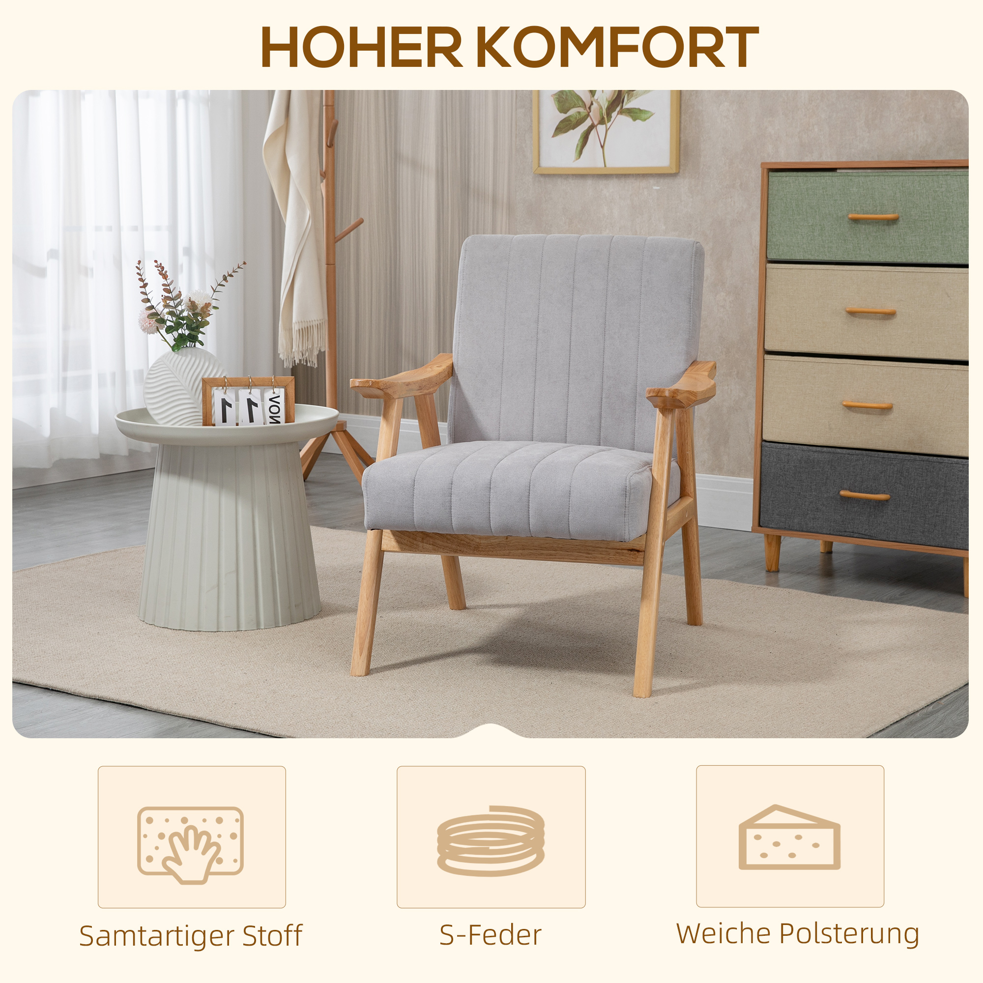 Sessel im Skandi-Design, bis 120 kg, Samtoptik, Massivholz; 68 cm x 74 cm x 82 cm, Natur + Grau