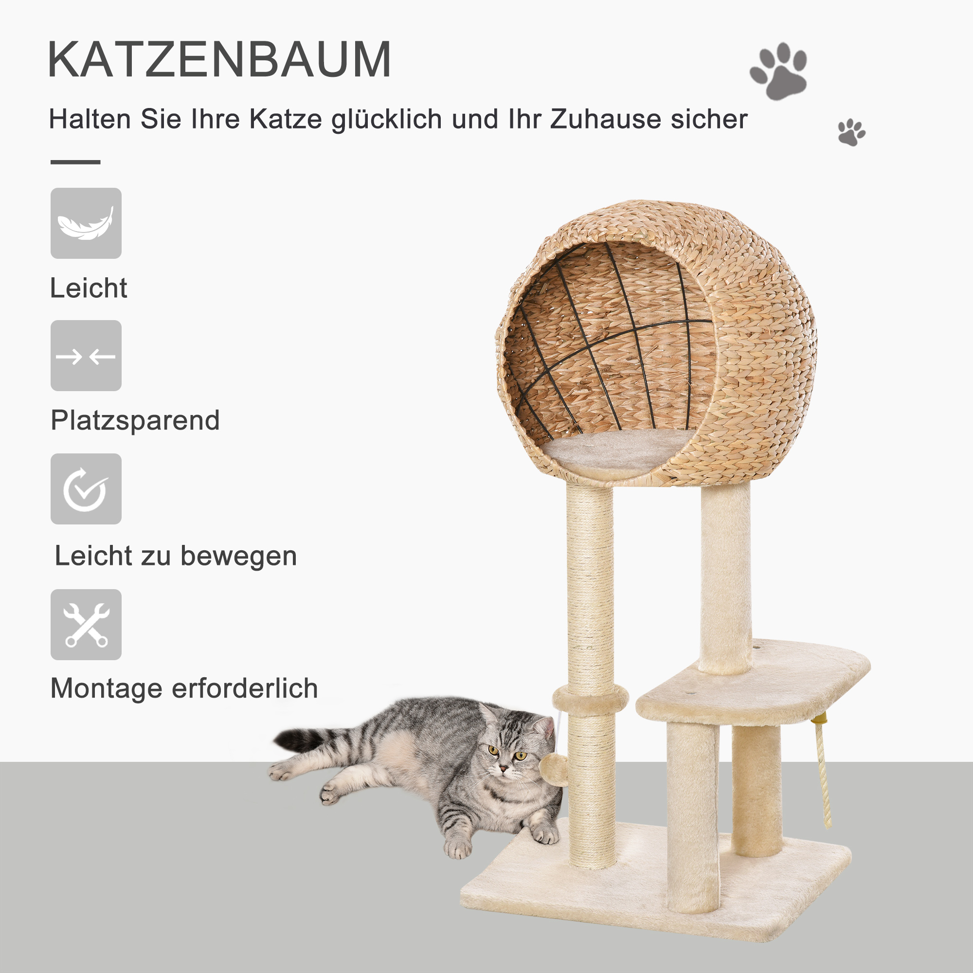 Kratzbaum 100 cm Katzenturm mit Höhle, Spielball, Sisalstämme, Plattform, mehrstöckiger Katzenkratzbaum, Kletterbaum, für mittelgroße Katzen, Beige