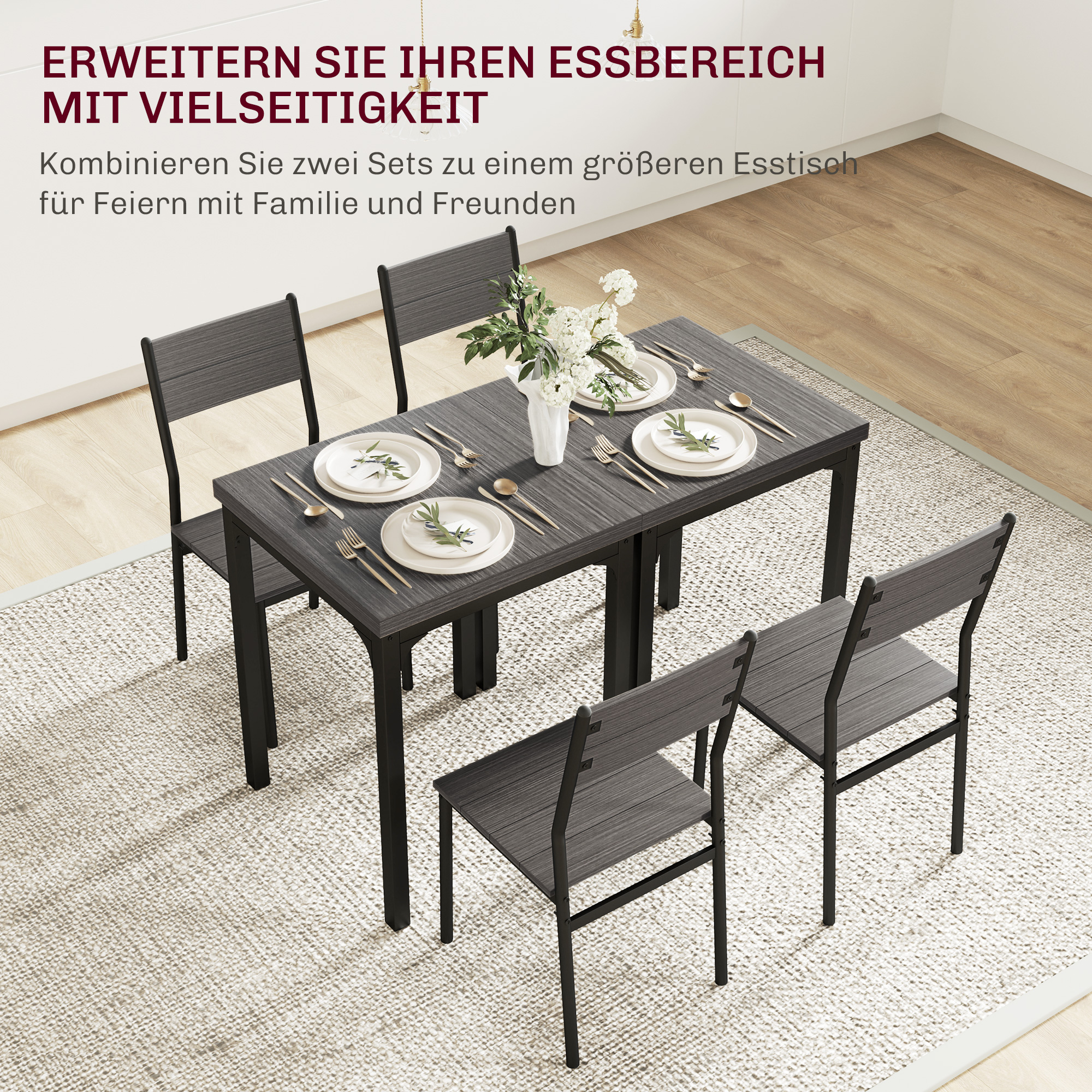 3-teilige Essgruppe, Esstisch-Set, 1 Tisch, 2 Stühle, MDF+Metall, Grau