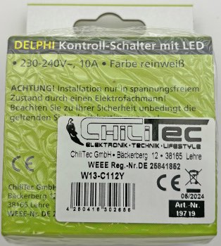 DELPHI Kontroll-Schalter mit Lämpchen / 250V~/ 10A, inkl. Rahmen, UP, weiß