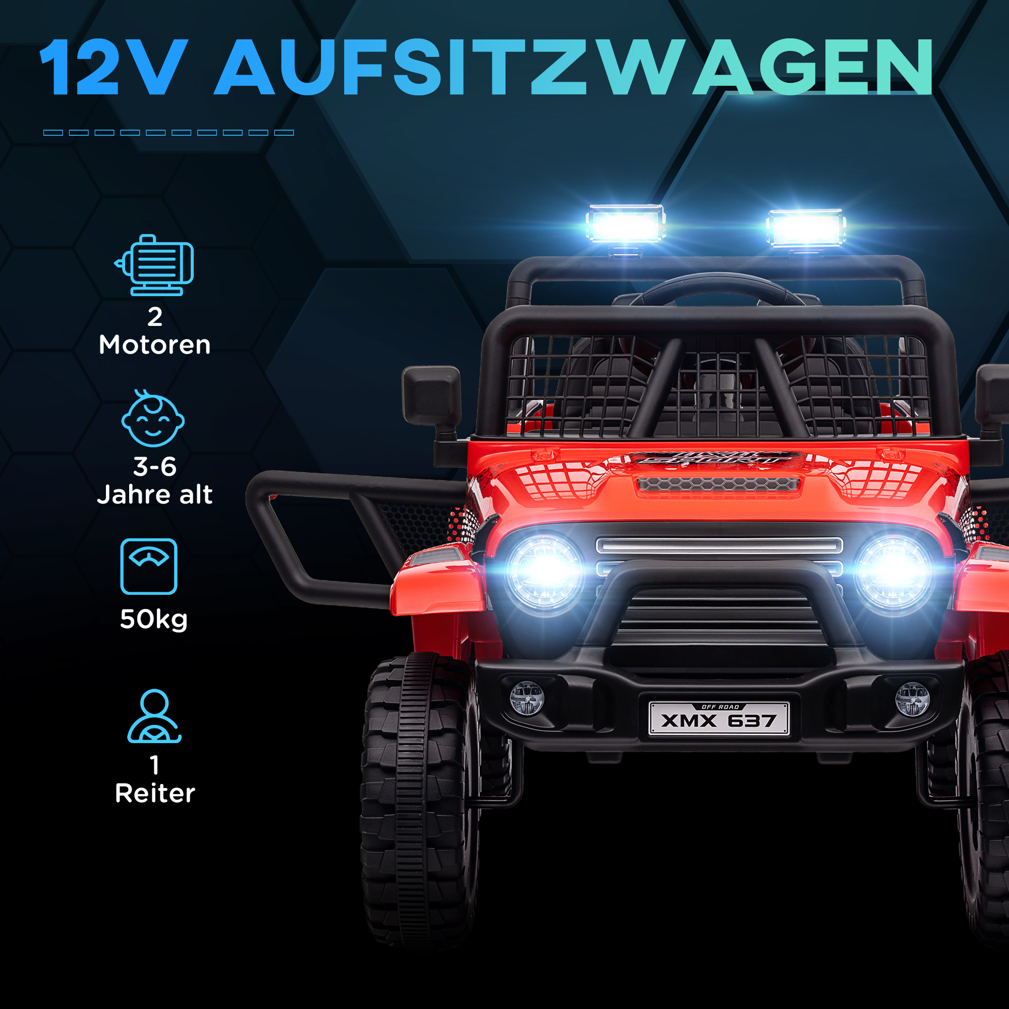 Kinder-Elektroauto mit sanfter Federung, fernsteuerbar, LED-Lichter, Hupe, 12V-Motoren, aus Kunststoff und Metall, Rot