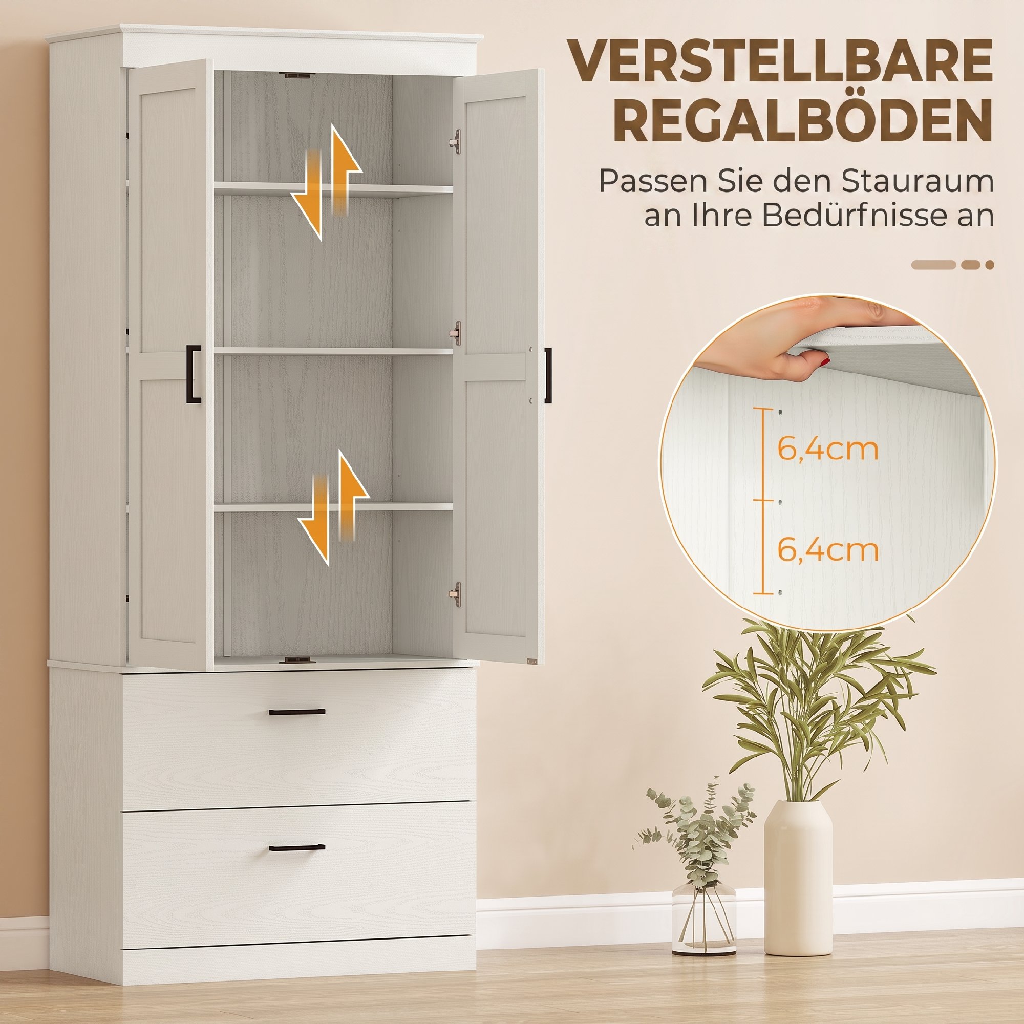 Landhaus-Küchenschrank, hoher Vorratsschrank mit verstellbaren Einlegeböden und 2 Schubladen, Cremeweiß