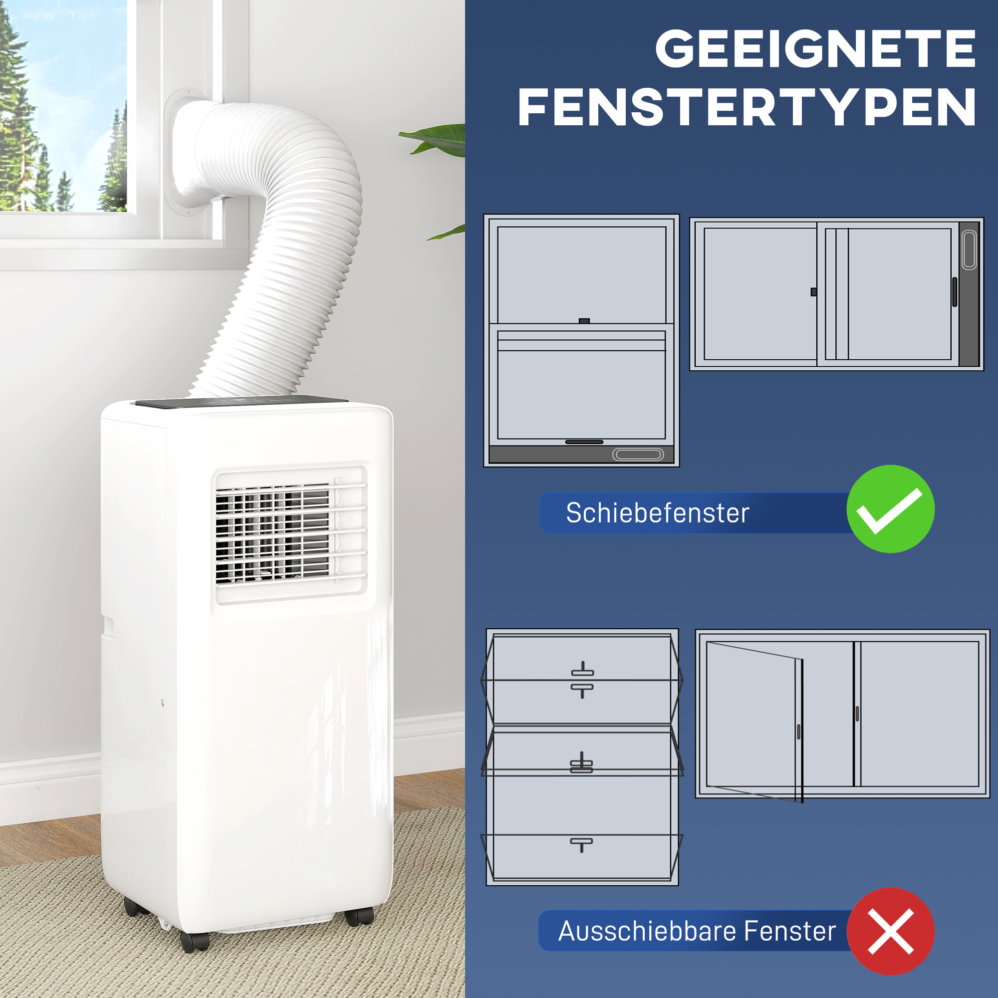 Mobile Klimaanlage, verschiedene Einstellungen, LED-Display, Timer, Räder, Weiß