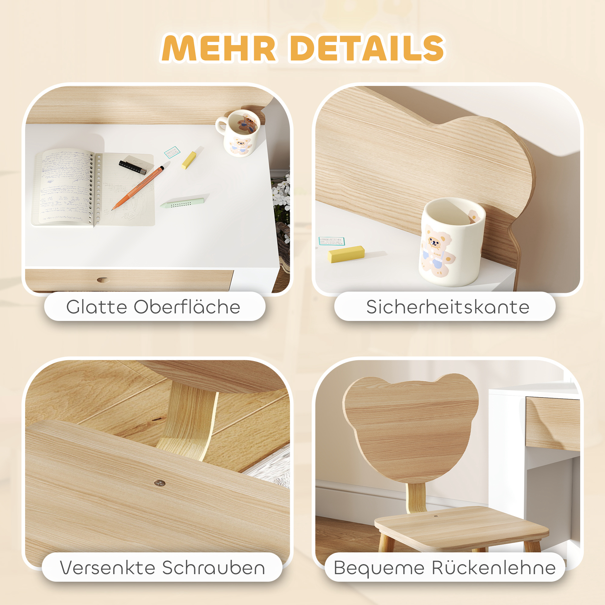 Schreibtisch-Set für Kinder, Arbeitstisch und Stuhl mit Bärenform, Schublade, zum Schreiben und Basteln, 3-8 Jahre, Naturholz