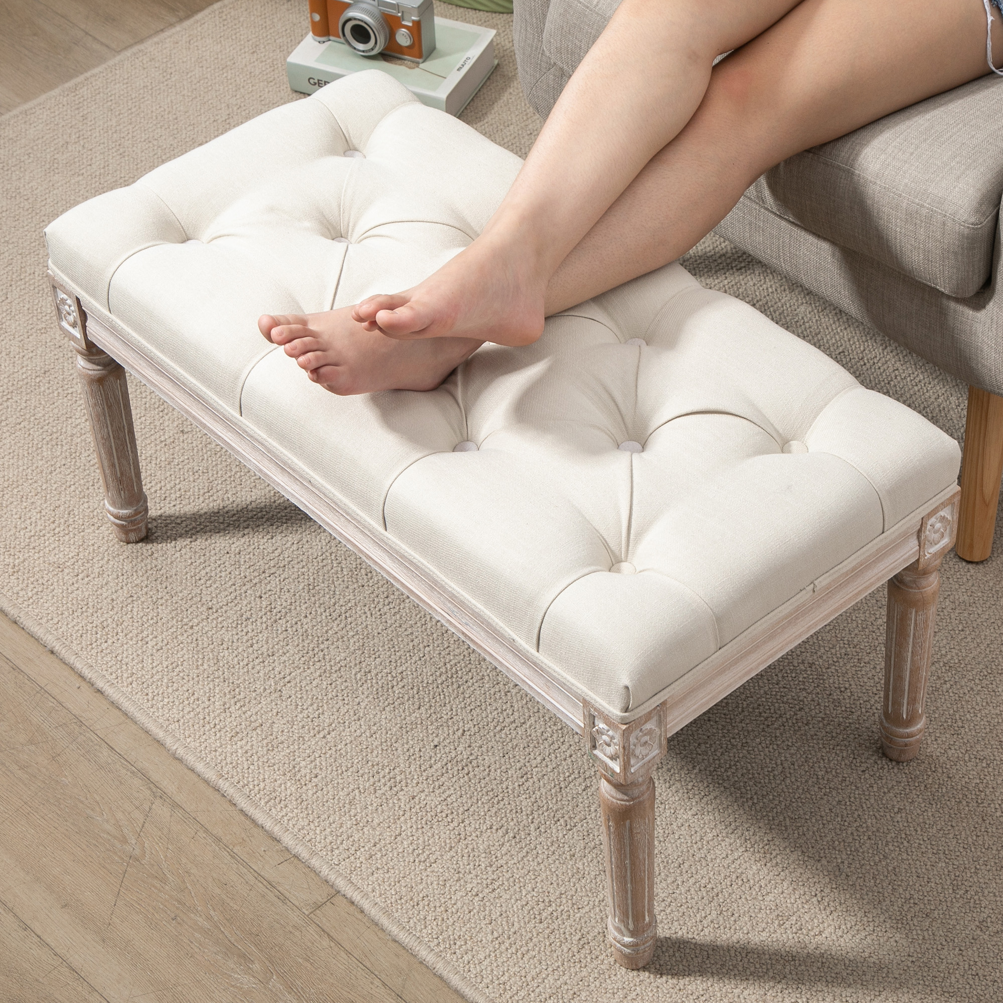 Gepolsterter Sitzhocker, Polsterbank, Fußhocker, Holz und Stoffbezug in Leinenoptik, 80L x 40B x 43H cm, Cremeweiß