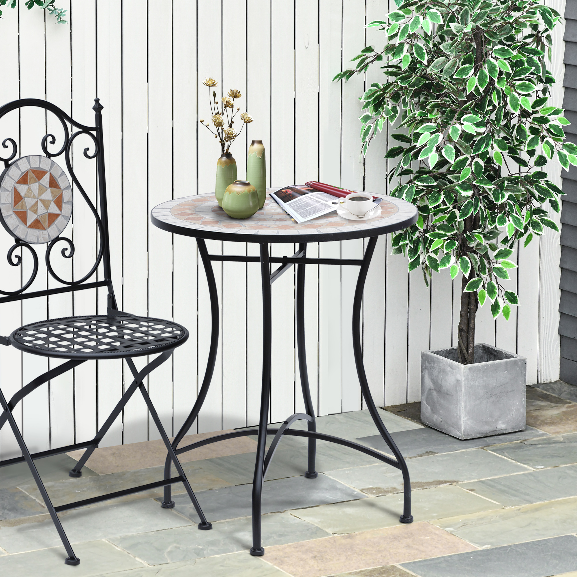 Gartentisch Mosaiktisch Balkontisch Beistelltisch Seviertisch rund Stahl + Keramik Orange + Weiß Ø60 x H71 cm