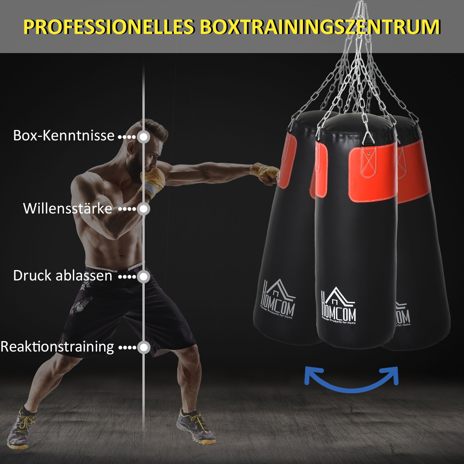 Boxsack-Set Box-Set mit Boxhandschuhen Gefüllt Set für Erwachsene Jugendlichen Hanging Boxing Heavy Bag 16 KG Ø30 x 120 cm Schwarz+Rot