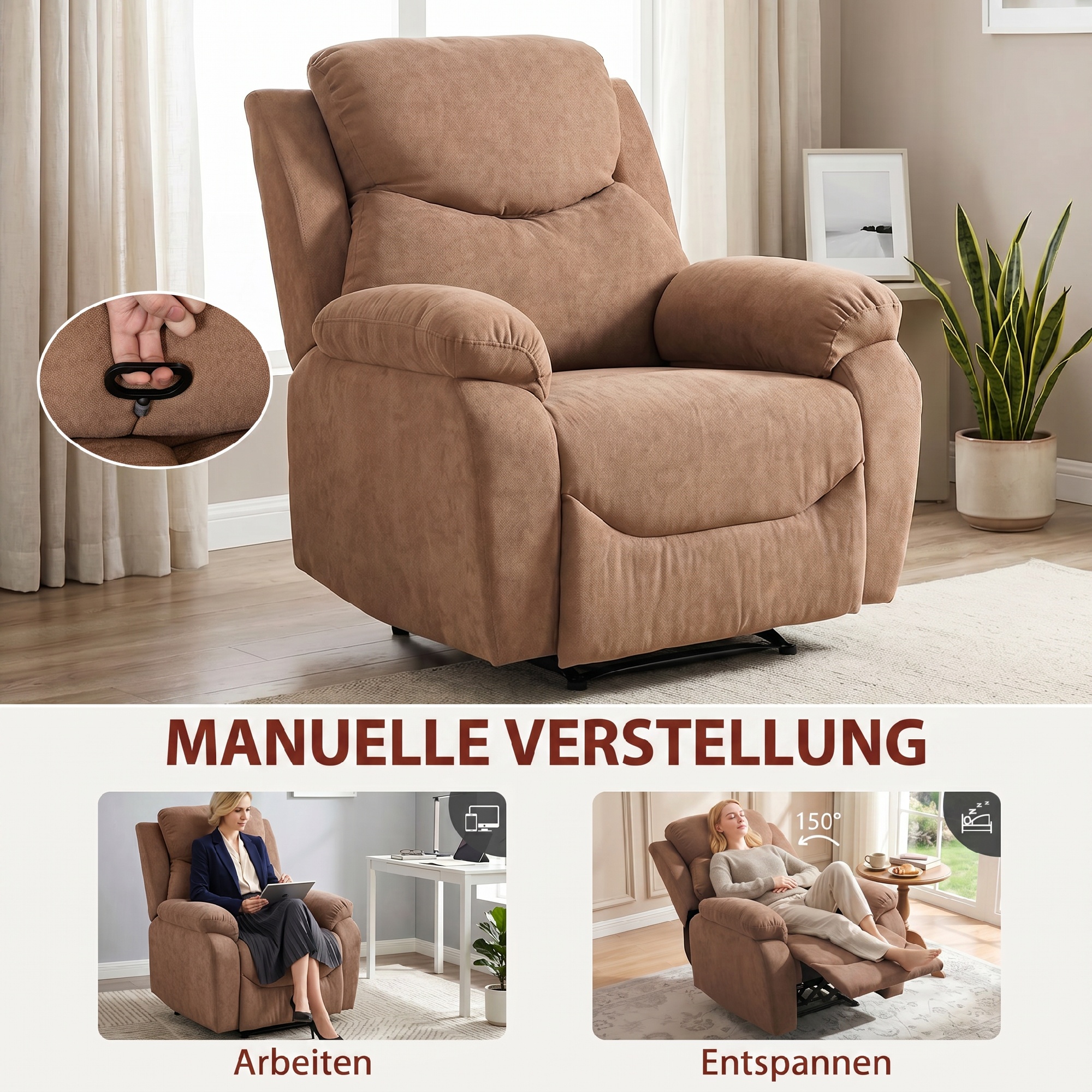 Relaxsessel, Fernsehsessel mit Liegefunktion, Leinenoptik, für Wohnzimmer, Schlafzimmer Dunkelbraun