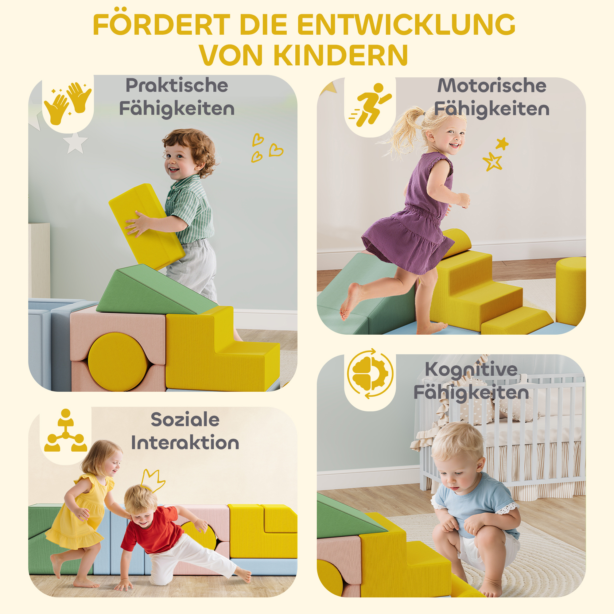 Softbaustein-Set für Kinder, 12-teiliges Stoffblock-Set, Schaumstoff, Cordbezug, waschbar, Pastellbunt