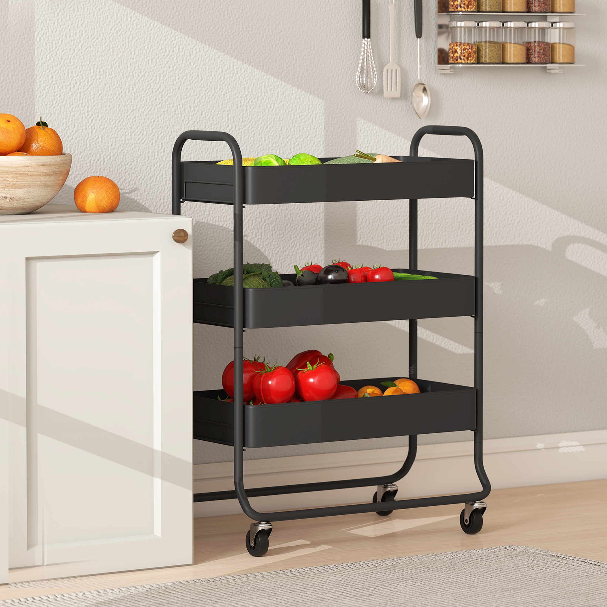 Küchenwagen, 3 Körbe, 4 Rollen, Metall, Schwarz