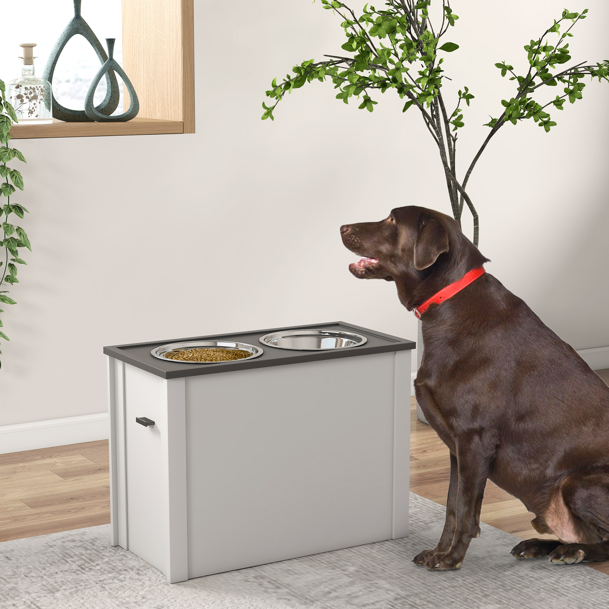 Futterstation erhöhte Fressnäpfe 1 Stauraum 2 Edelstahl-Futternäpfe, 60 x 30 x 42cm, Weiß + Grau