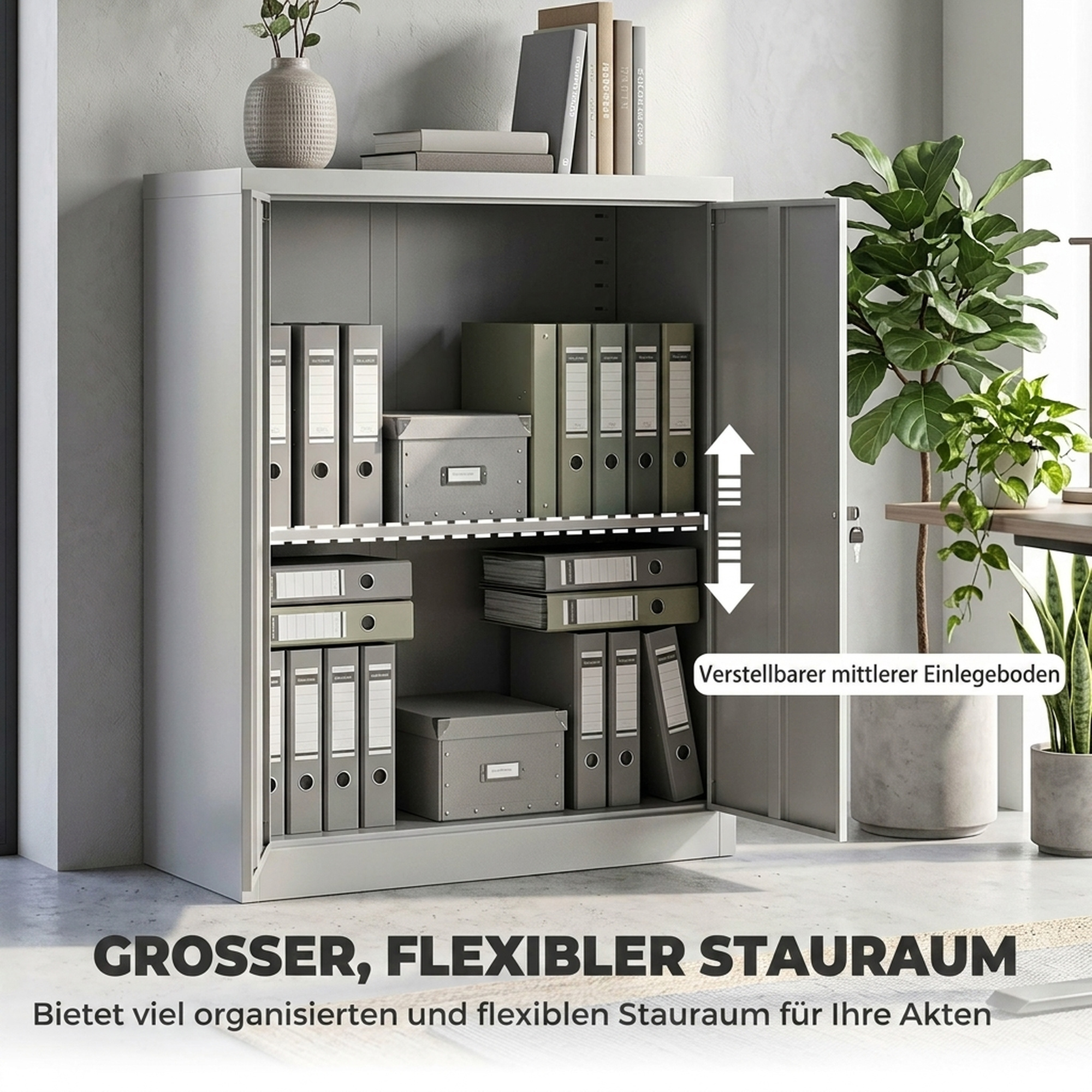 Aktenschrank Stahlschrank Mehrzweckschrank mit verstellbarem Regal und Schloss für Arbeitszimmer Wohnzimmer Grau