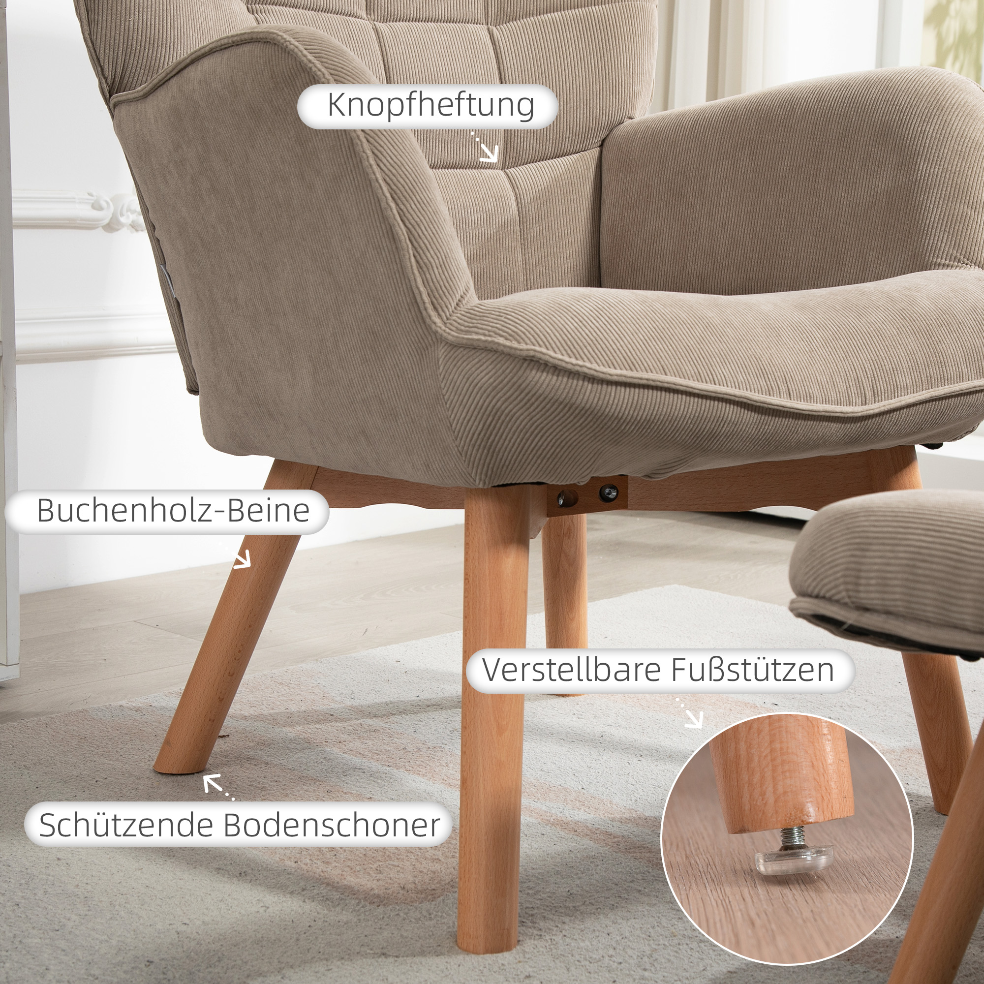 Akzentsessel mit Hocker, Relaxsessel in Cord-Optik, Armlehnstuhl mit Holzbeinen, für Wohnzimmer, Hellbraun
