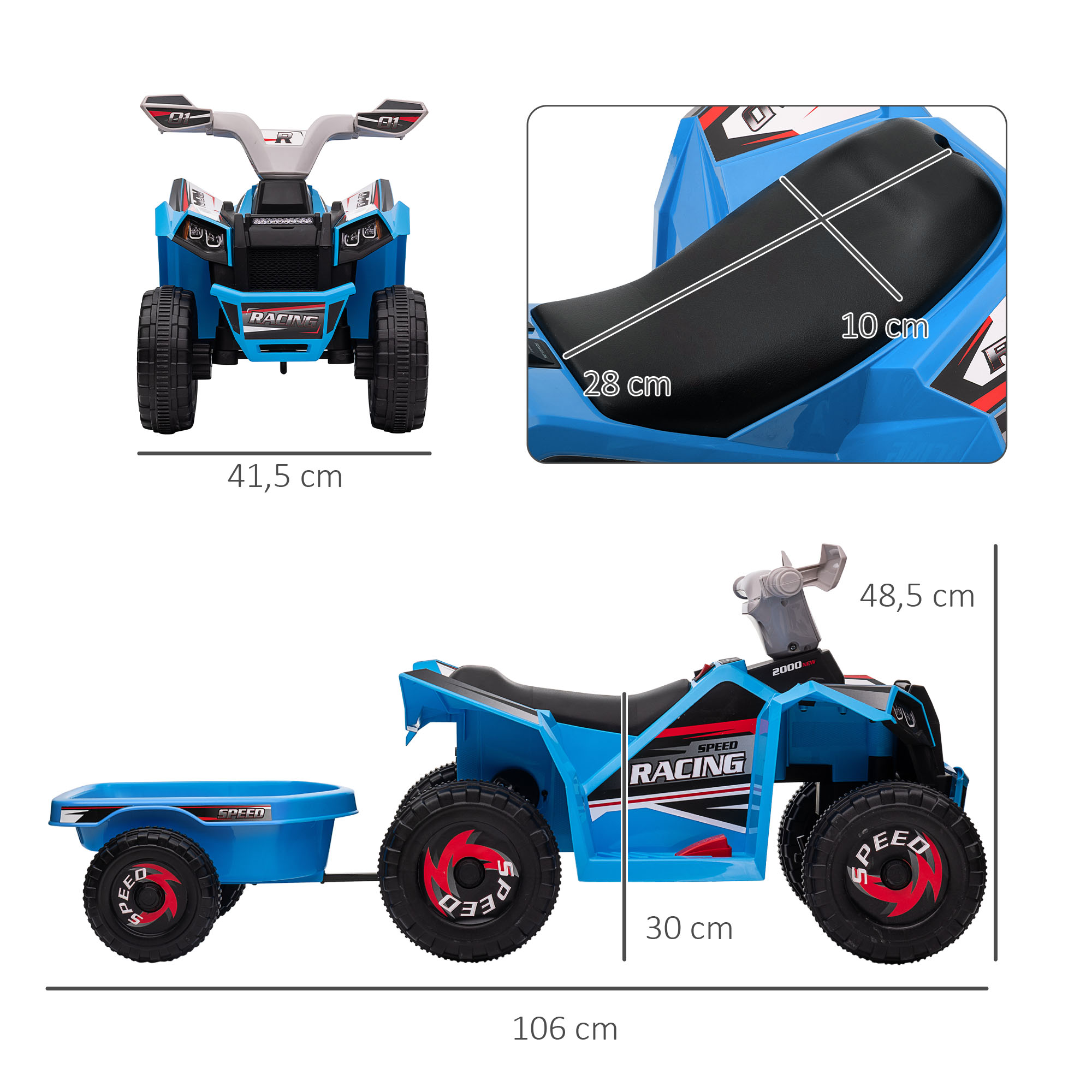Kinderquad, aufladbar, 2,5 km/h, mit Anhänger, 50 Min. Fahrzeit, für Kinder 1,5 bis 3 Jahre, Blau