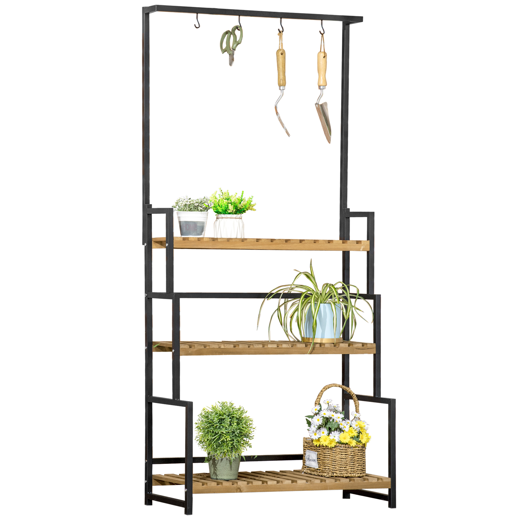 Pflanzenregal mit 3 Ebenen und Befestigungshaken, Blumentreppe aus Naturholz, 80 cm x 36 cm x 174 cm, Natur Pflanzenregal mit 3 Ebenen und Befestigungshaken, Blumentreppe aus Naturholz, 80 cm x 36 cm x 174 cm, Natur