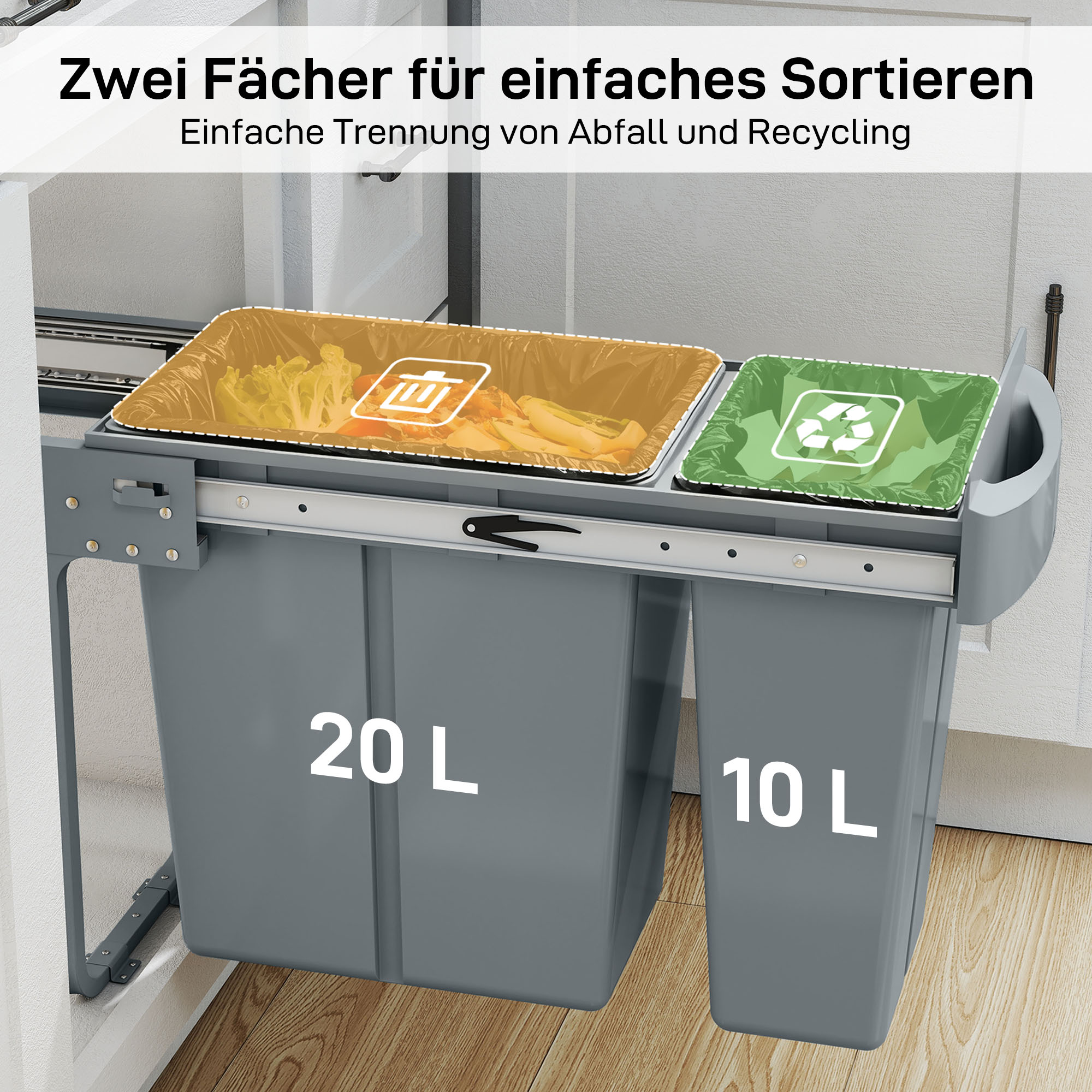 Ausziehbarer Mülleimer, Küchenmüllbehälter mit 2 herausnehmbaren Eimern, Griff, 30 Liter (20 L+10 L), Metall, Grau