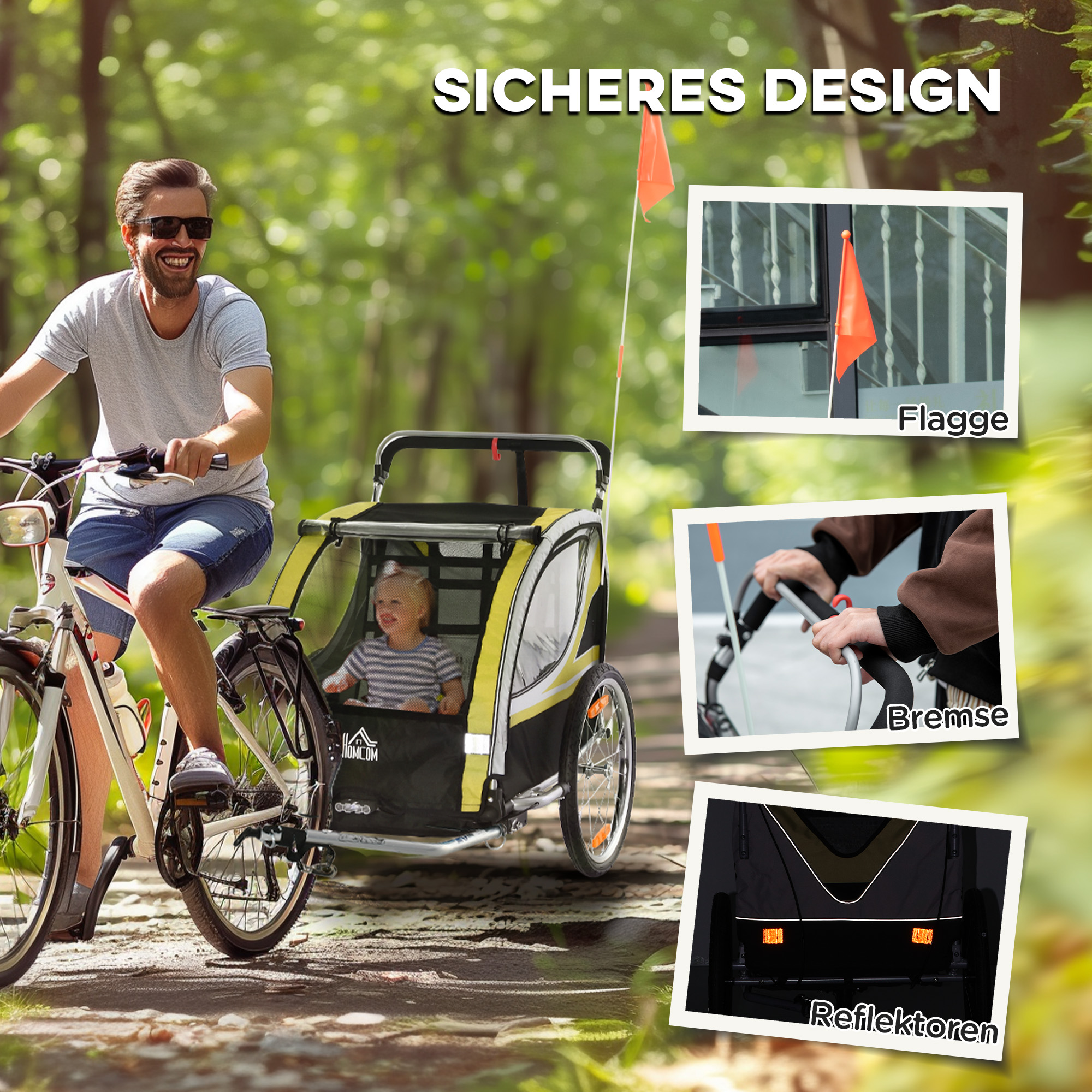 2-in-1 Fahrradanhänger für 2 Kinder, Schiebefunktion, Regenschutz, Bremse, Gelb