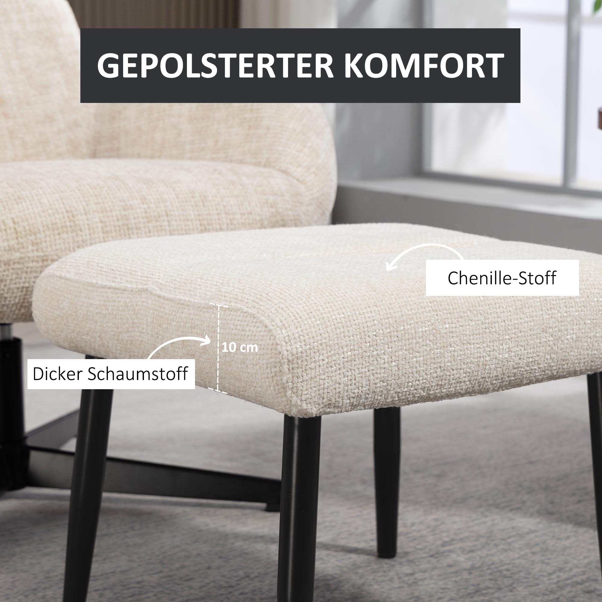 Sitzhocker Hocker mit weichem Sitzkissen Stahlbeinen Fußhocker mit Chenille-Stoff, 45 x 41 x 38 cm, Cremeweiß