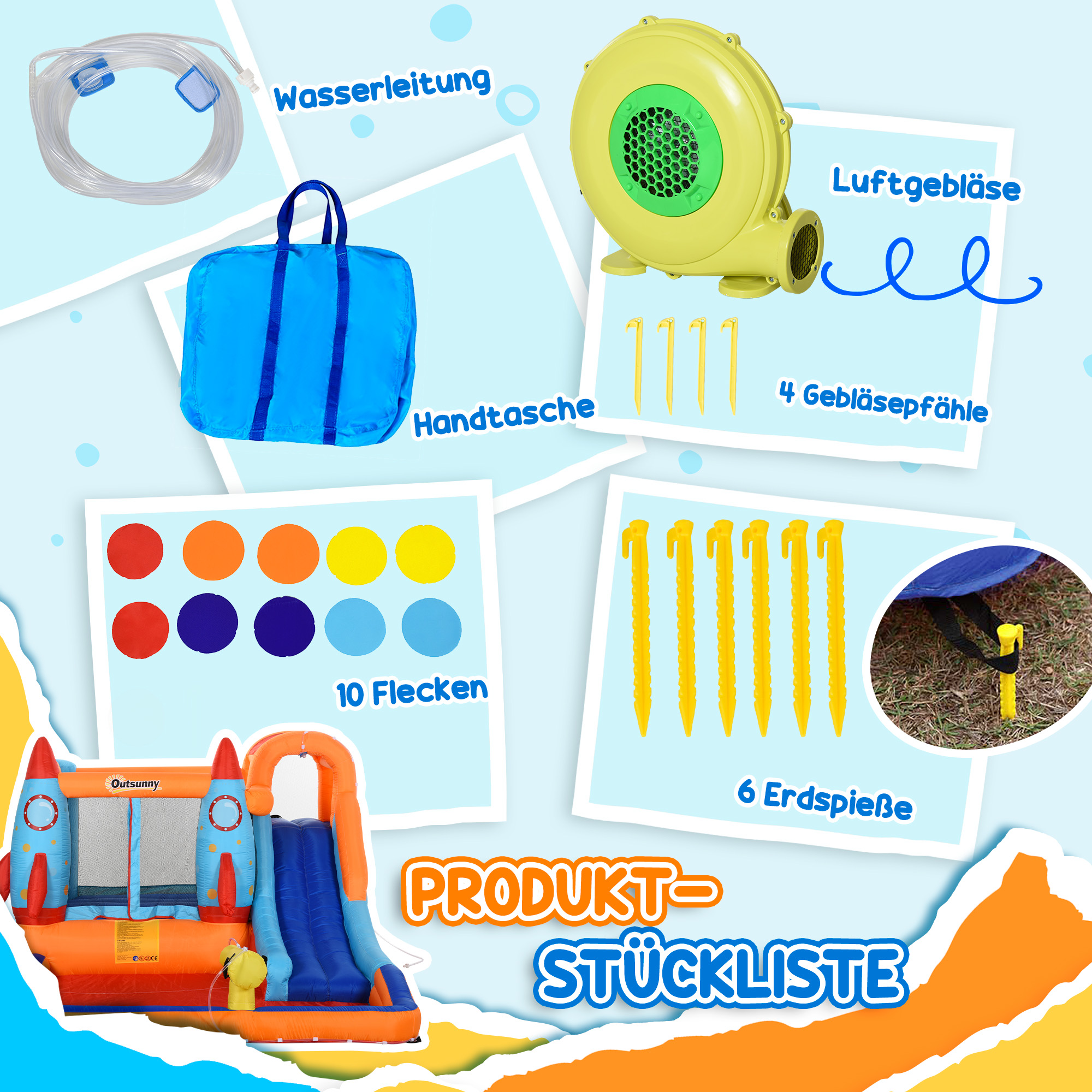 aufblasbare Hüpfburg inkl. Gebläse, Flicken und Befestigungsmaterial, 350 cm x 250 cm x 185 cm, Mehrfarbig