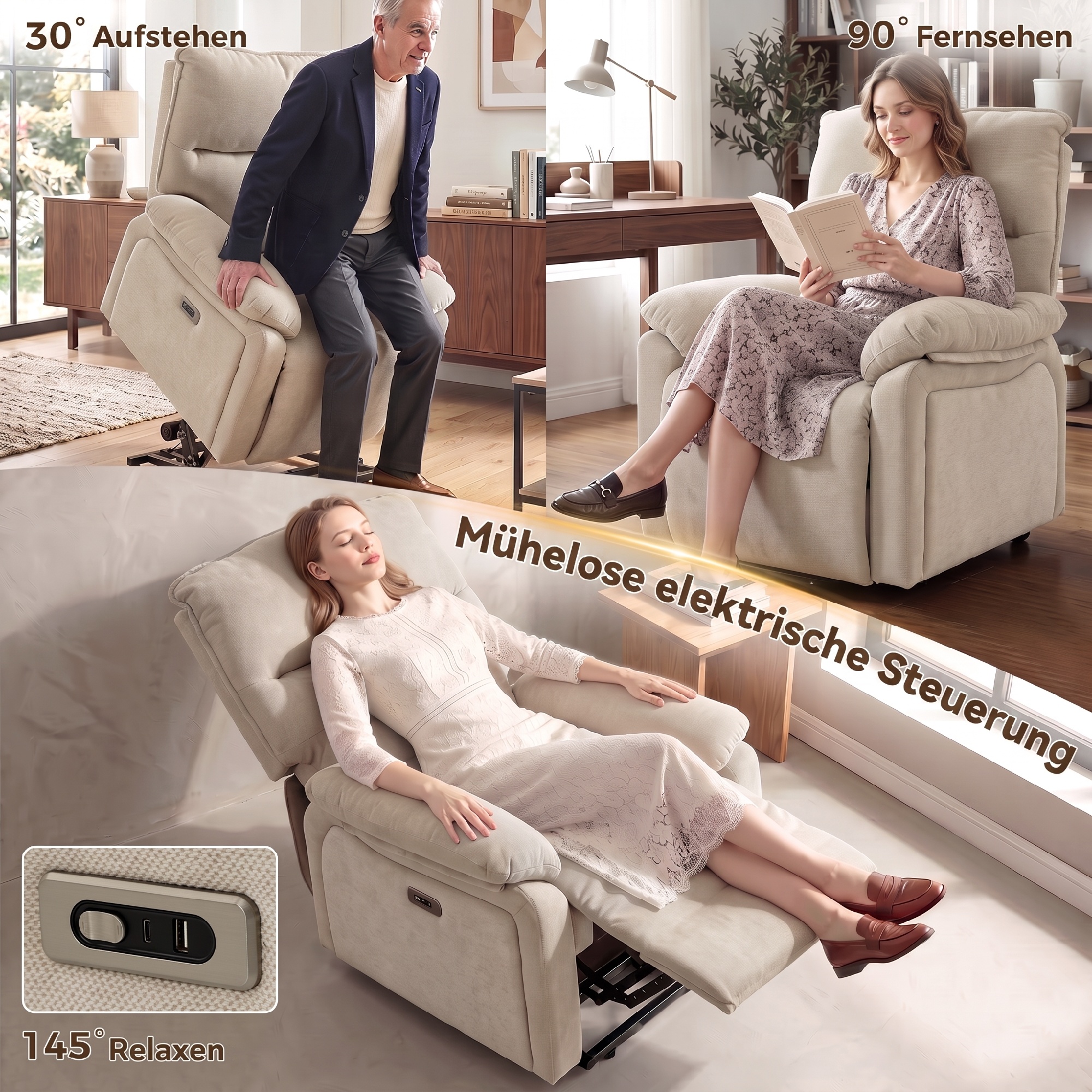 Elektrischer Aufstehsessel mit Massage & Wärme, Relaxsessel aus Chenille mit hochdichtem Schaumstoff und dicker Rückenlehne, Cremeweiß
