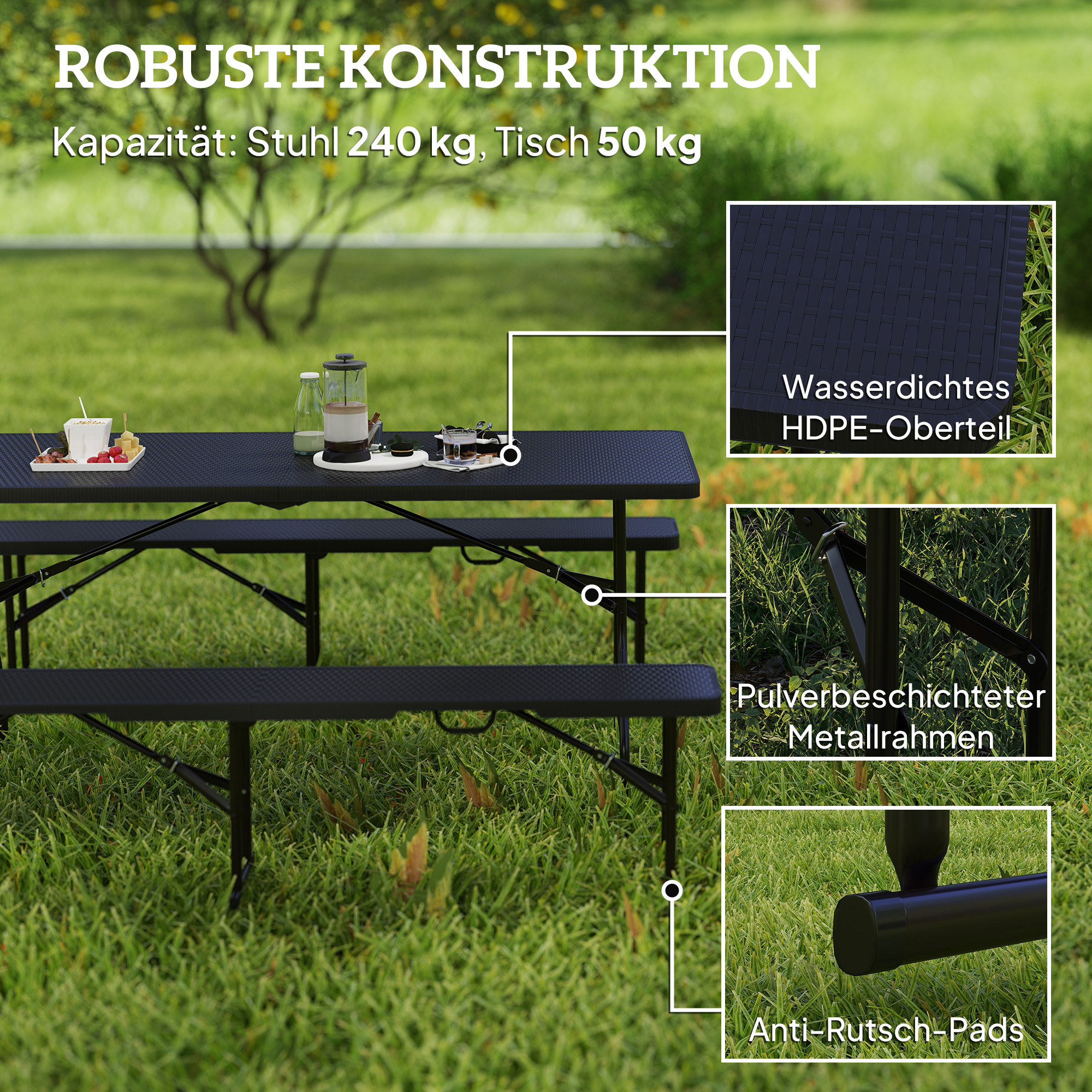 Picknicktisch und Bänke, 3-teiliges Set, faltbar, Kunststoff, Metall, Schwarz