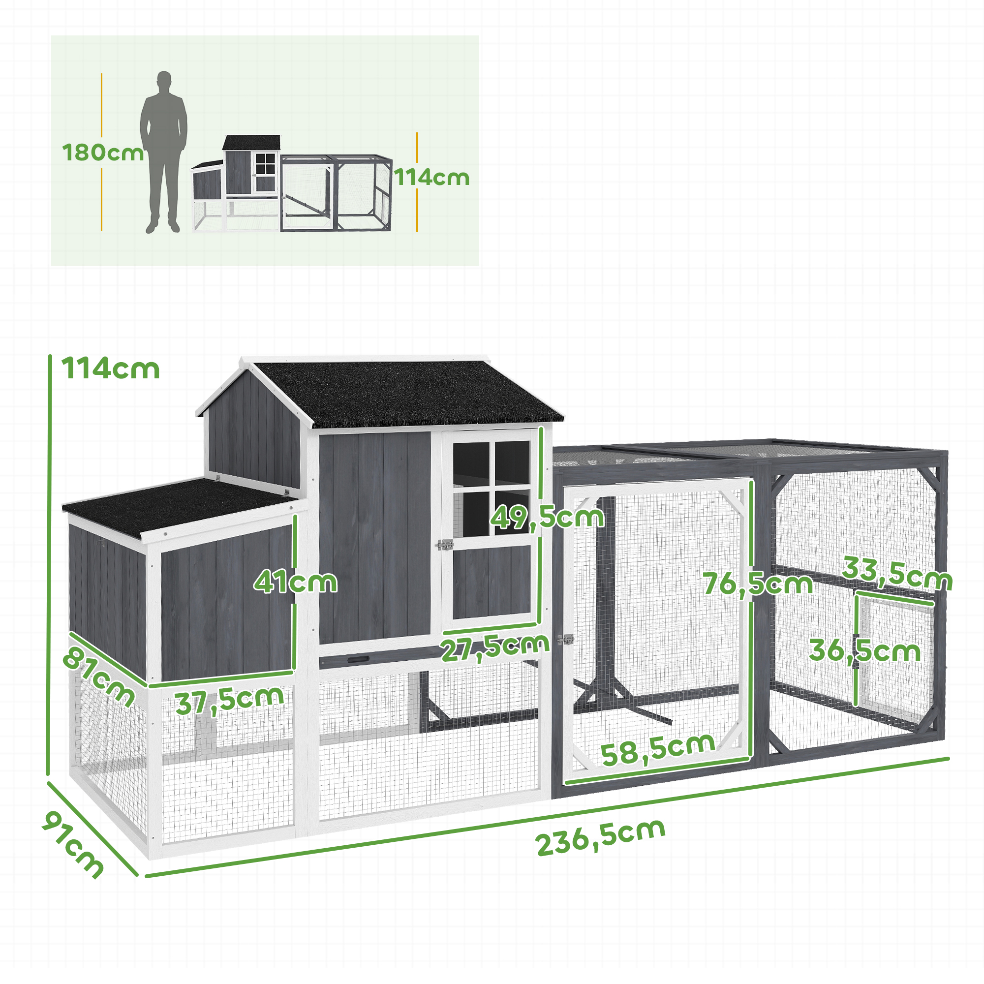 Hühnerstall mit Auslauf für 3-4 Hühner, 3-tlg. Nistkasten, 1,9 m² Fläche, Tannenholz, Grau