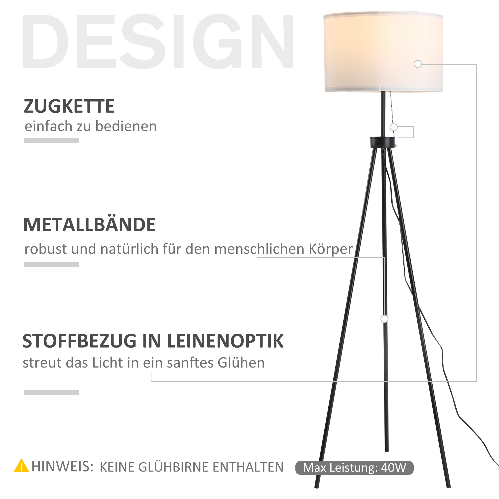Stehlampe mit Lampenschirm aus Polyester und Baumwolle, Standleuchte Stehleuchte mit E27 Fassung für Wohnzimmer, Schlafzimmer, Weiß, exkl. Glühbirne