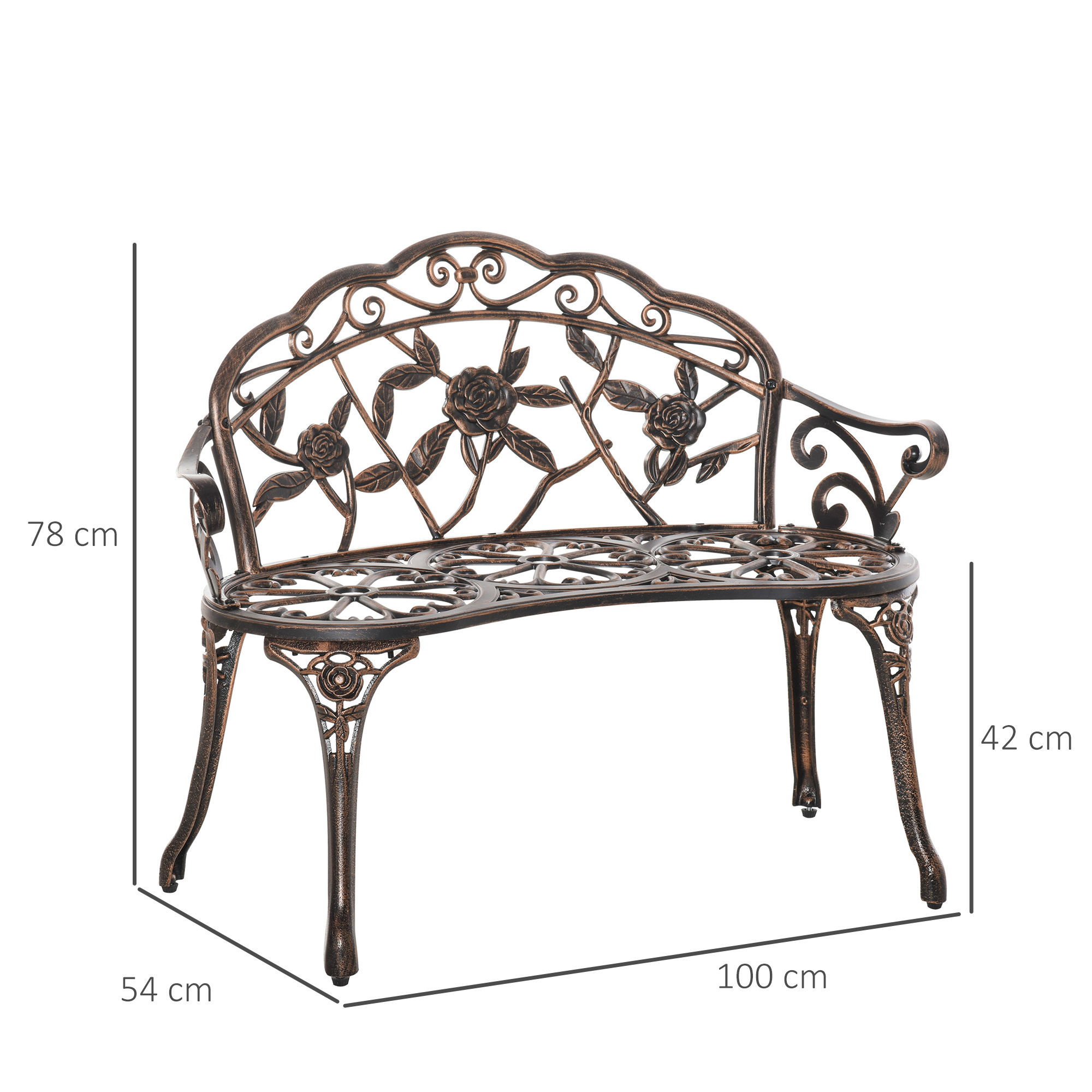 Gartenbank 2-Sitzer aus Metall, Sitzbank im Retro Stil, Parkbank mit Blumenmuster 100 x 54 x 78 cm, Bronze