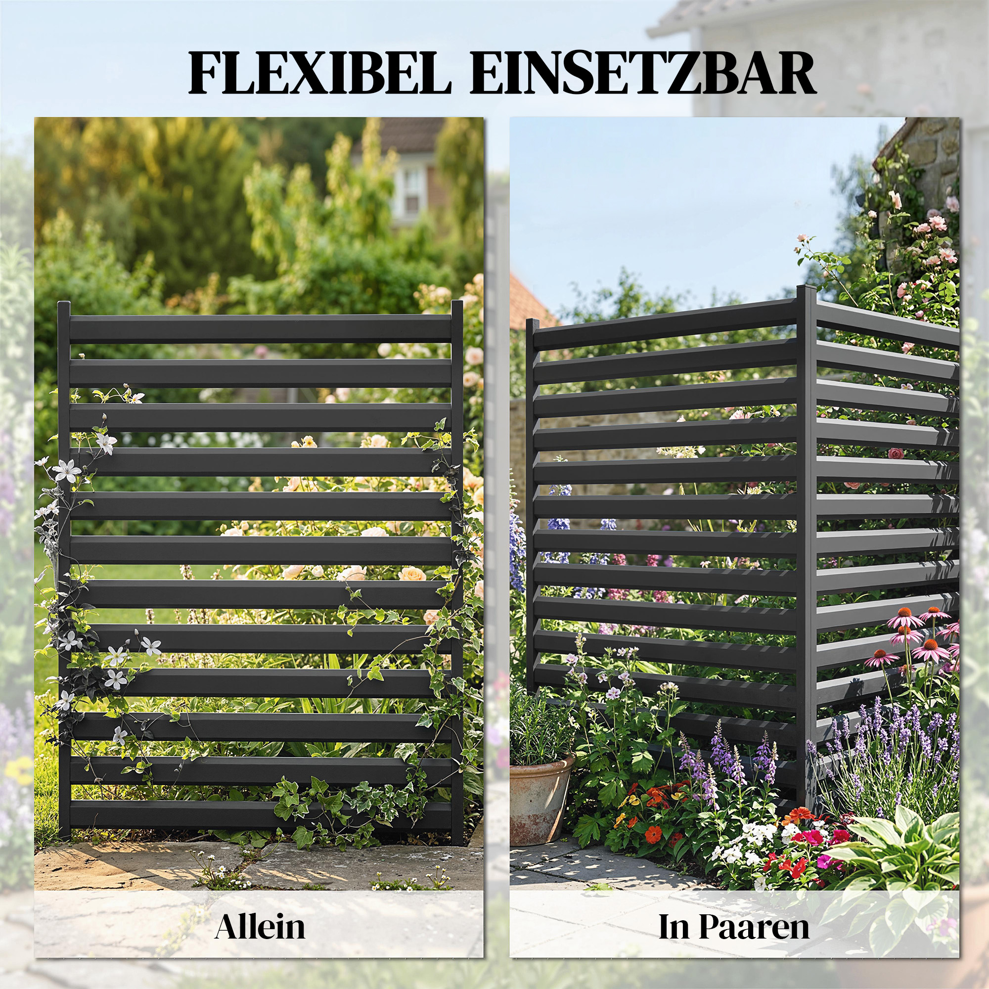 Gartenzaun 2 Paneele 91 x 152 cm Metall Sichtschutzzaun mit Pfosten & Schutzkappen rostfreie Schwarz