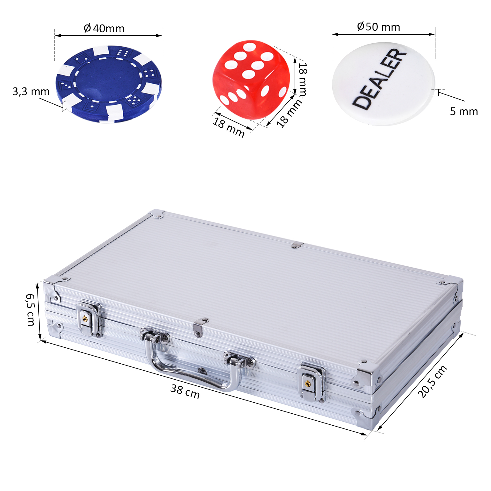 Pokerkoffer abschließbar Pokerset mit Koffer 300 Chips 5 Würfel 2 Kartendecks Zubehör, Pokerchips Komplett Set Pokerspiel Kartenspiele Aluminiumkoffer für Texas Hold'em, Blackjack