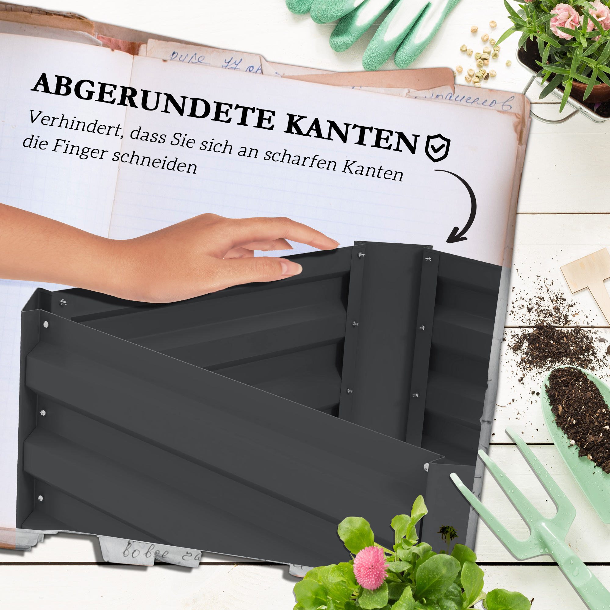 Hochbeet mit Rankgitter Pflankasten mit Rankhilfe, offener Boden, wetterbeständig, 61 cm x 61 cm x 140 cm, Dunkelgrau