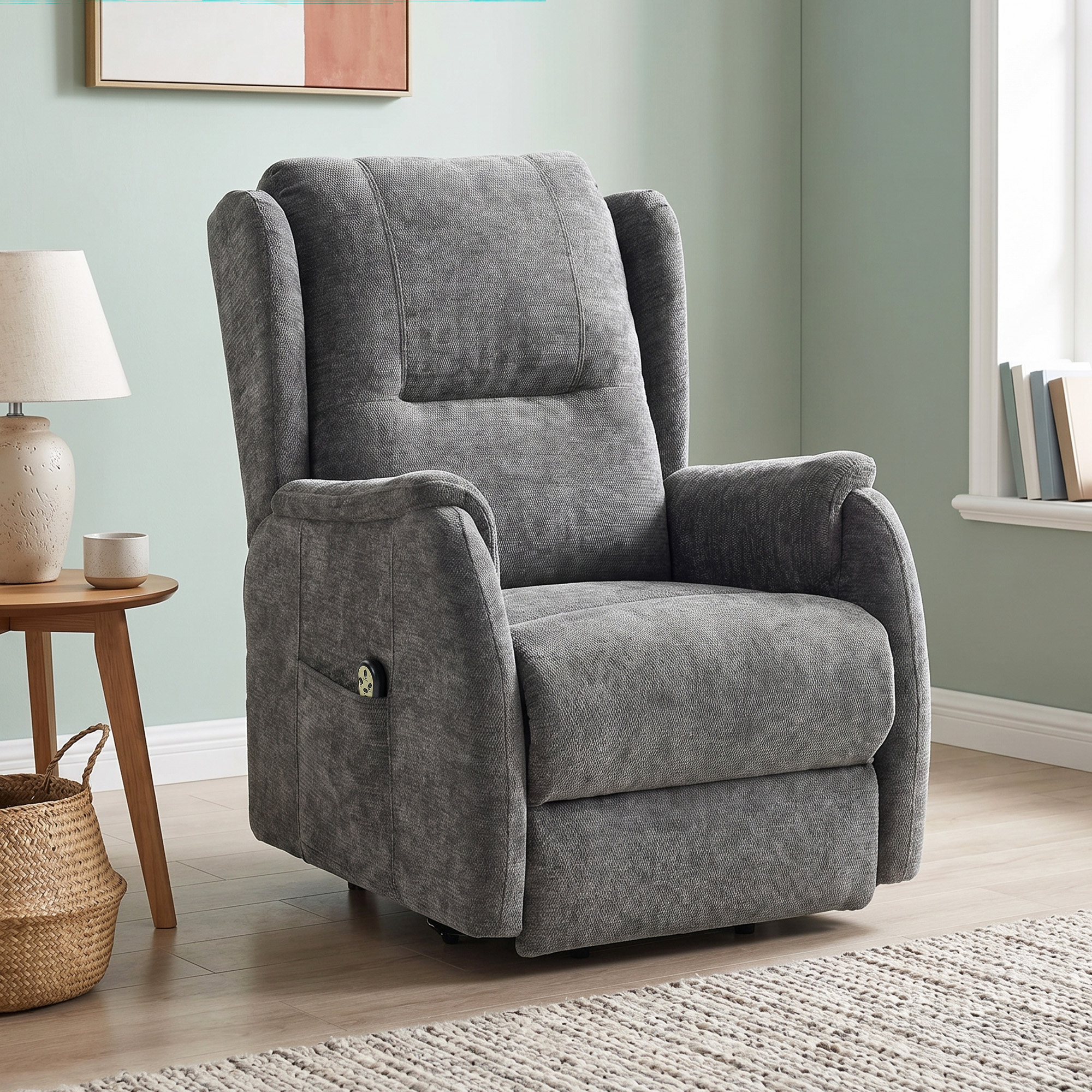 Fernsehsessel Relaxsessel mit Aufstehhilfe für Senioren, Chenille-Optik, mit Fernbedienung und Seitentaschen, Dunkelgrau