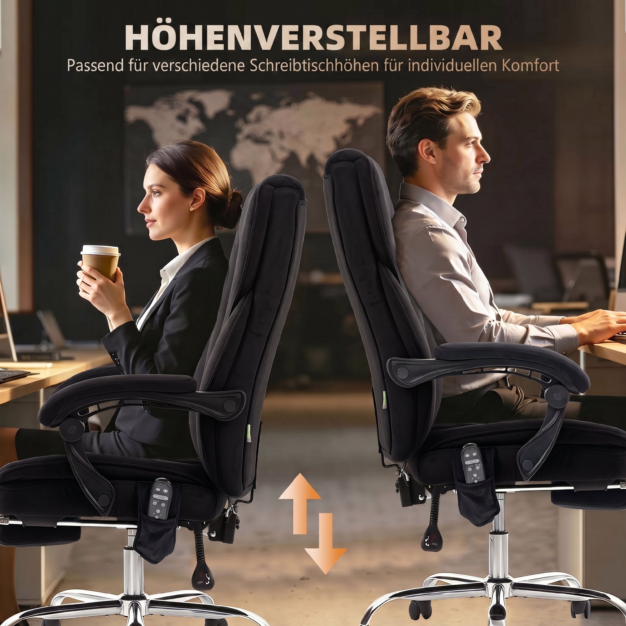 Ergonomischer Bürostuhl mit Massagefunktion, Fußstütze, drehbar, rollbar, Schwarz