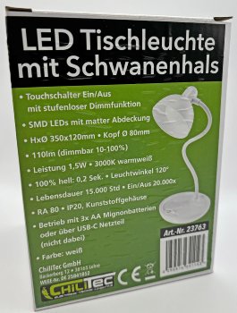 LED Tischleuchte mit Schwanenhals, Batterie, dimmbar, warmweiß, Weiß