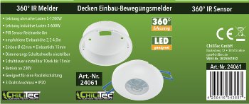 Decken-Einbau-Bewegungsmelder 360° / PIR, LED geeignet, 8m Detektion, 83x48mm