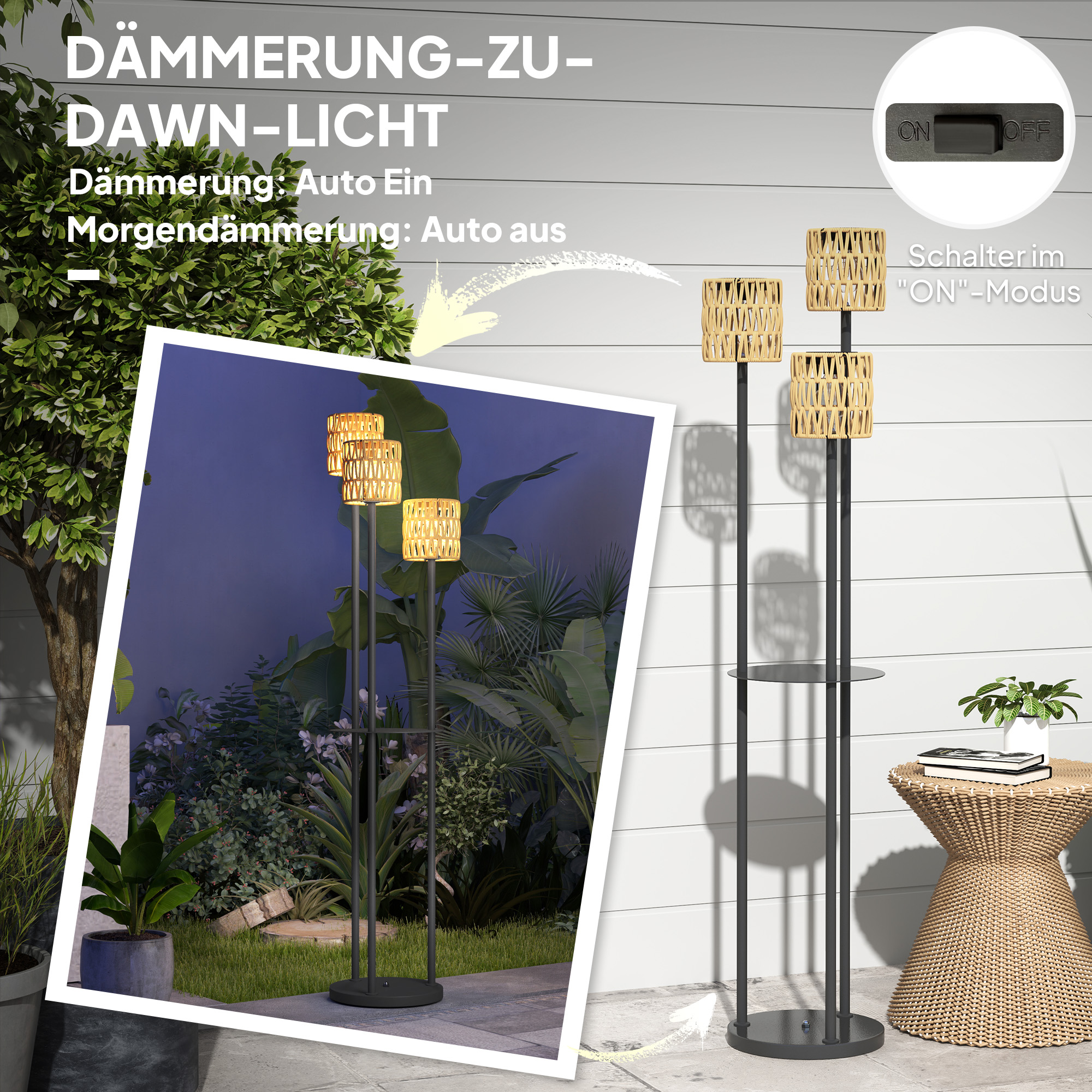Solar Stehlampe Rattan Solarlampen mit Lichtsensor 3 Lichte Solarleuchte im Boho-Stil IP44 Ø37 x 144H cm