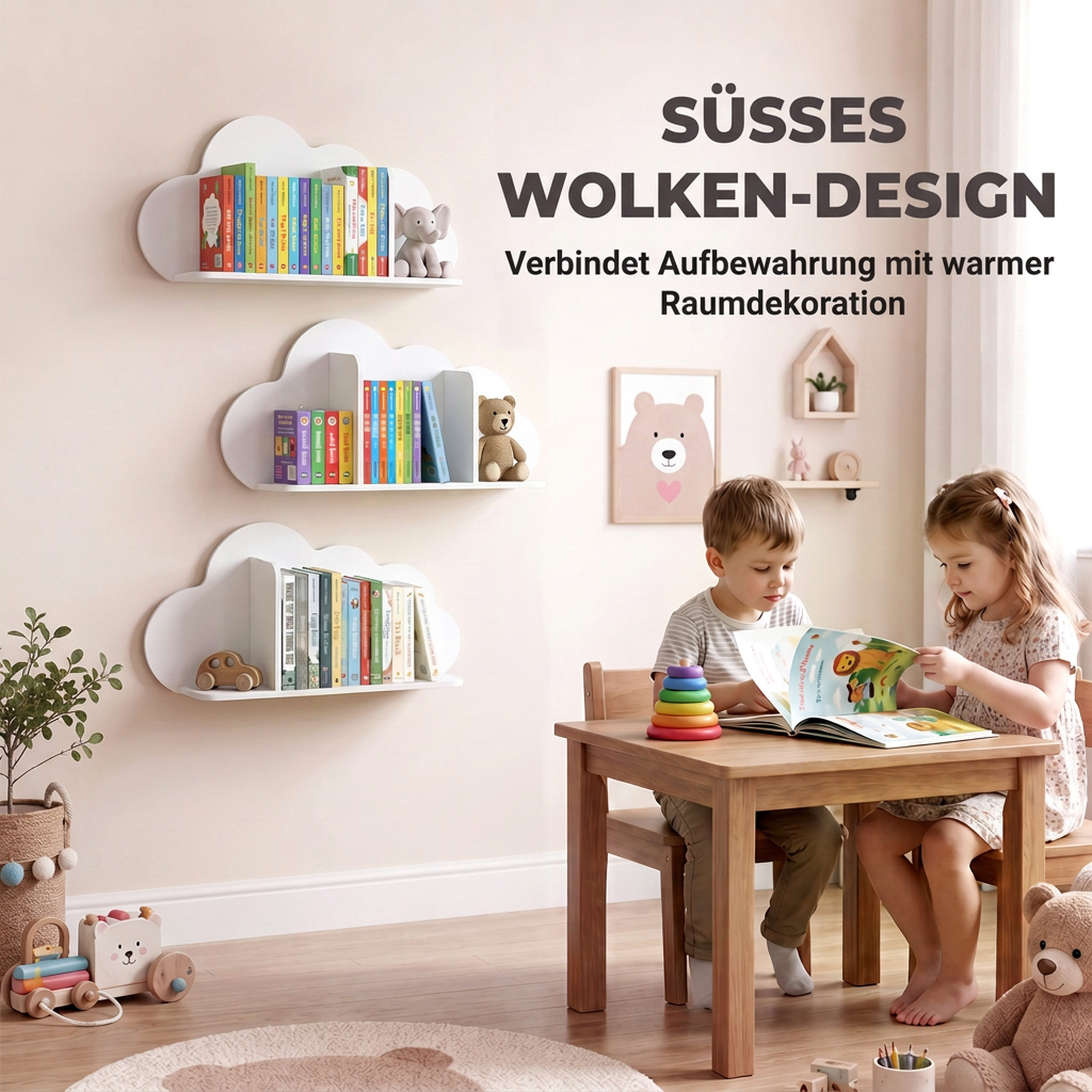 3er Set Wandregal Kinder 60cm Wand Bücherregal im Wolkenform Schwebende Bücherregal Montessori für 3–8 Weiß