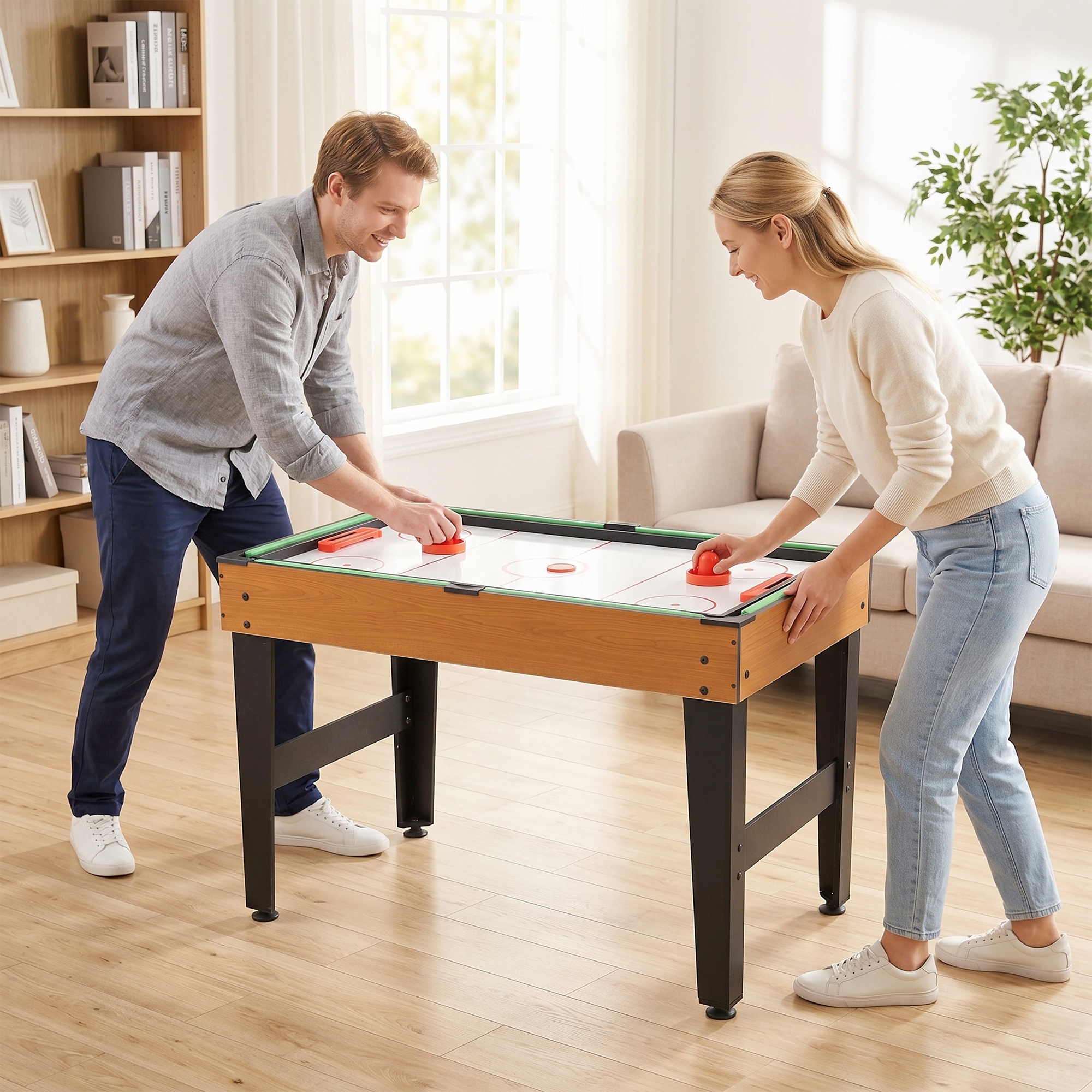4-in-1 Partyspieltisch inkl. Tischtennis, Kicker, Billard, Tischhockey, Metall, Holz, Natur+Schwarz