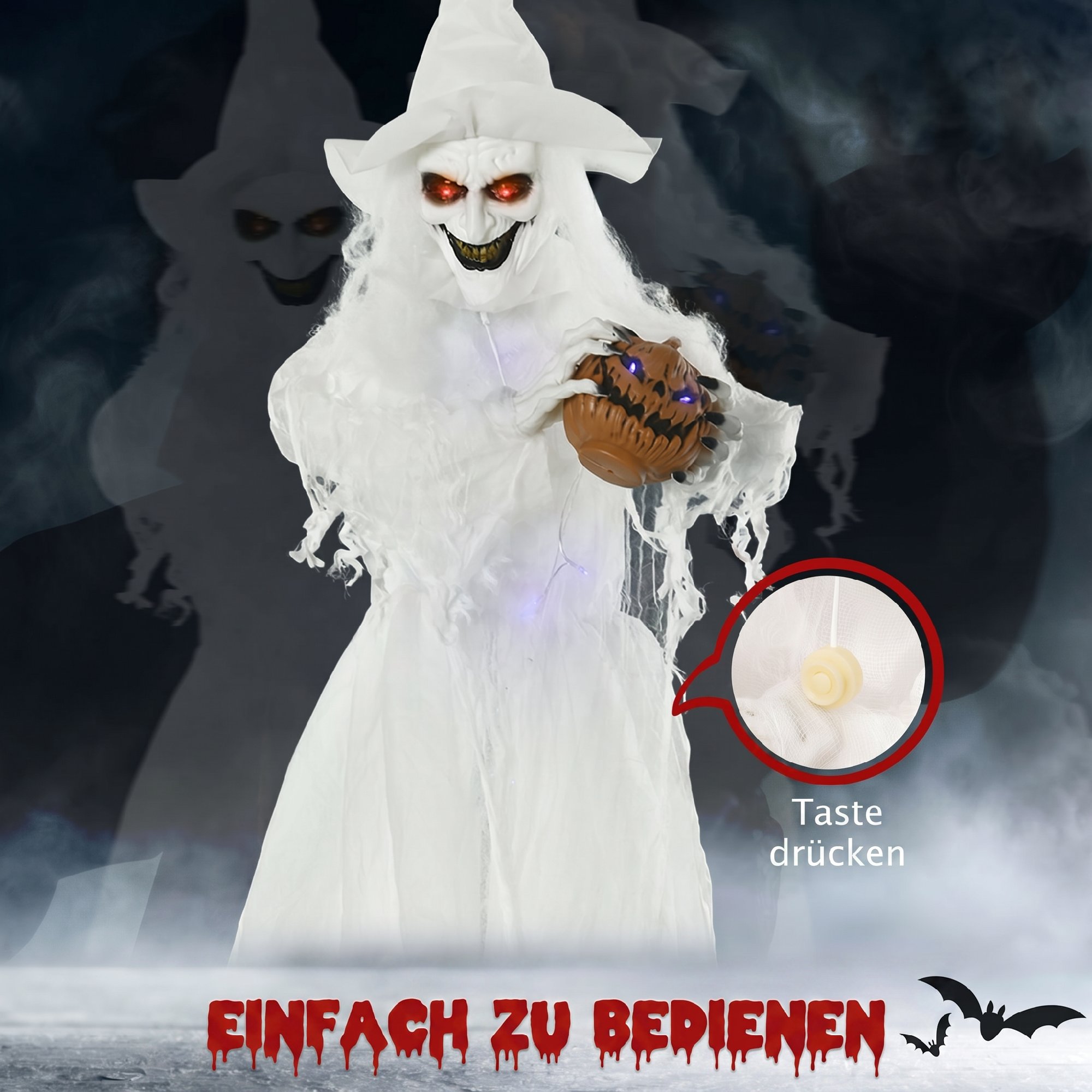 189 cm Weiße Hexe mit Kürbiskopf, lebensgroße Halloween-Außendekoration