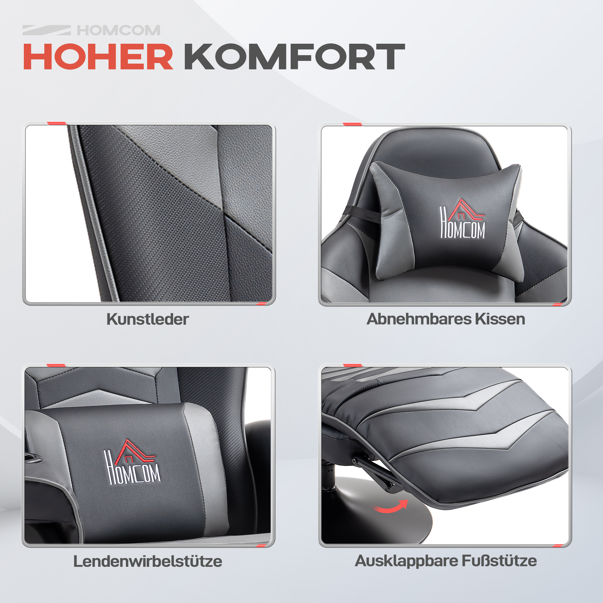 Gamingsessel, Massagefunktion, neigbare Lehne, Fußstütze, bis 120 kg, Stahlrahmen, Kunstleder, Grau