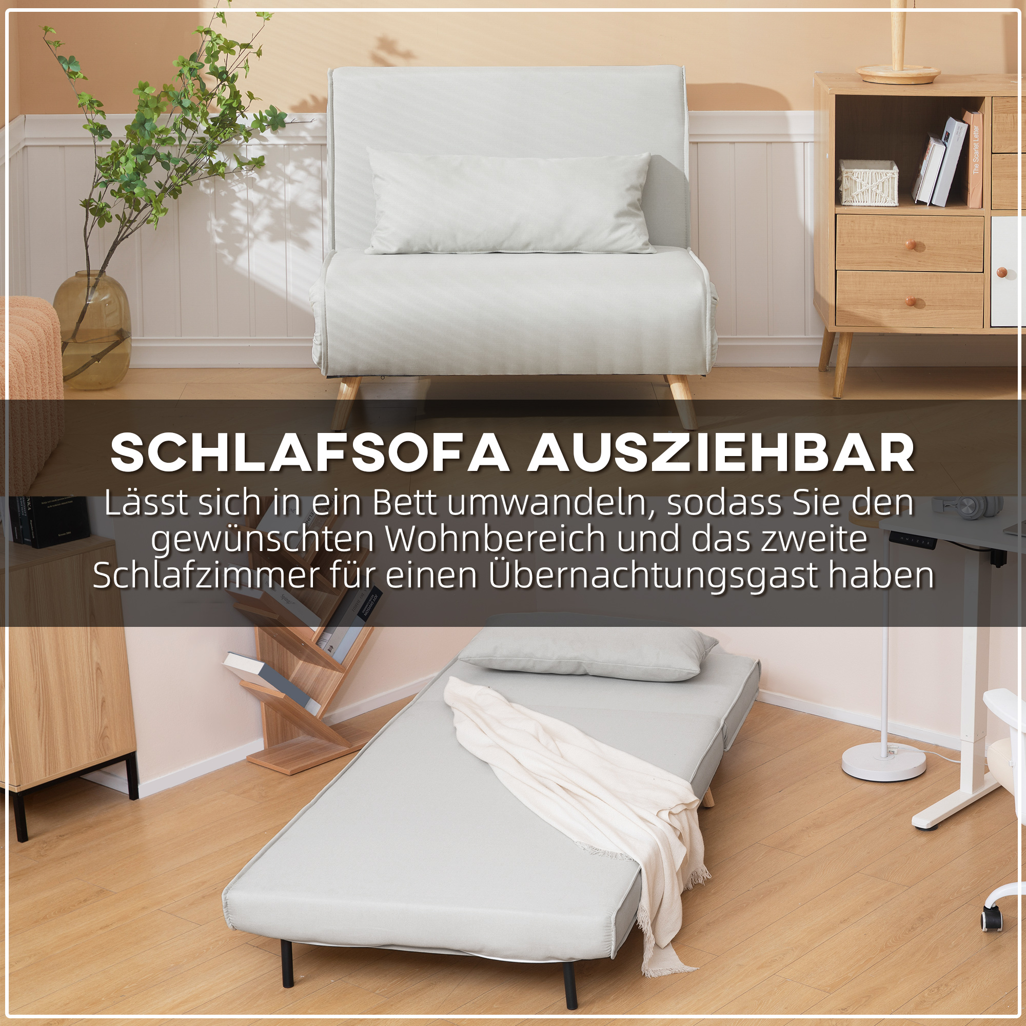 Einzelsofa Schlafsofa Sofabett Klappsofa verstellbar Rückenlehne Liege nordisch skandinavisch 25D Schaumstoff Haus Leinenimitat Kautschukholz Cremeweiß 94 x 78 x 80 cm