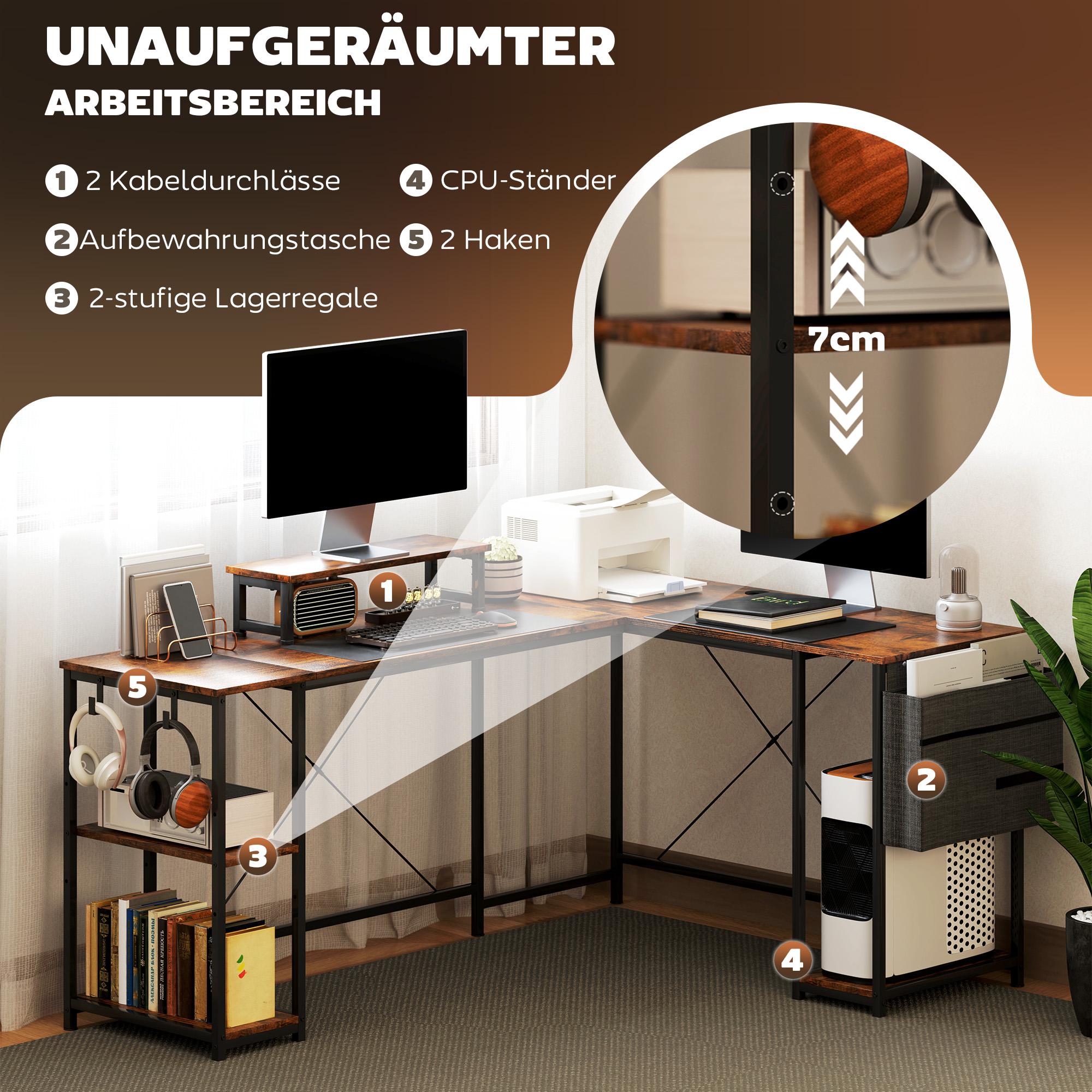 L-förmiger Schreibtisch, Vielseitiger Bürotisch mit einstellbaren Regalen und Aufbewahrungstasche, Monitorständer, Braun