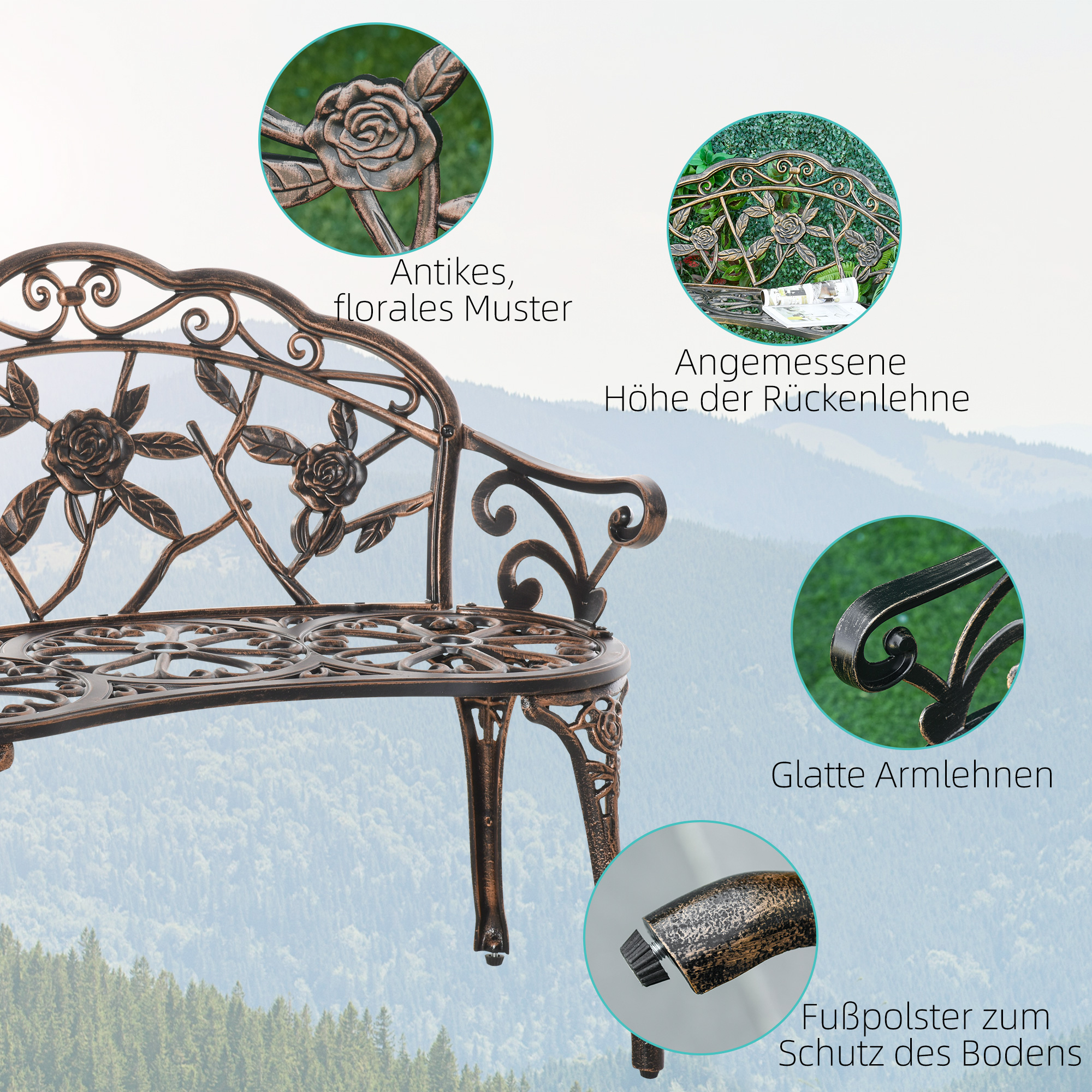 Gartenbank 2-Sitzer aus Metall, Sitzbank im Retro Stil, Parkbank mit Blumenmuster 100 x 54 x 78 cm, Bronze