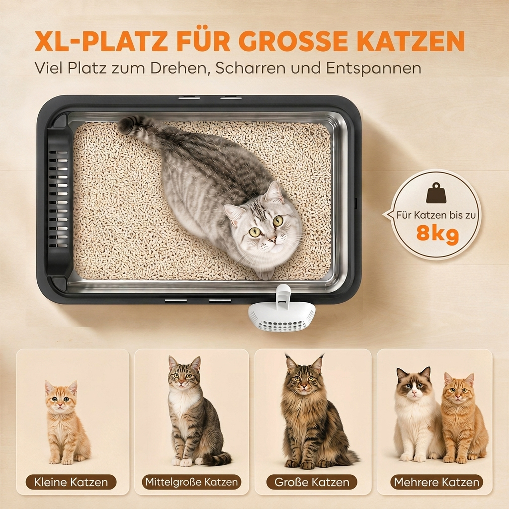 2er-Set Katzenklo Edelstahl XL mit Hohem Rand Deckel 60x40x30cm Halboffene mit 2 Schaufeln, für Große Katzen bis 8 kg